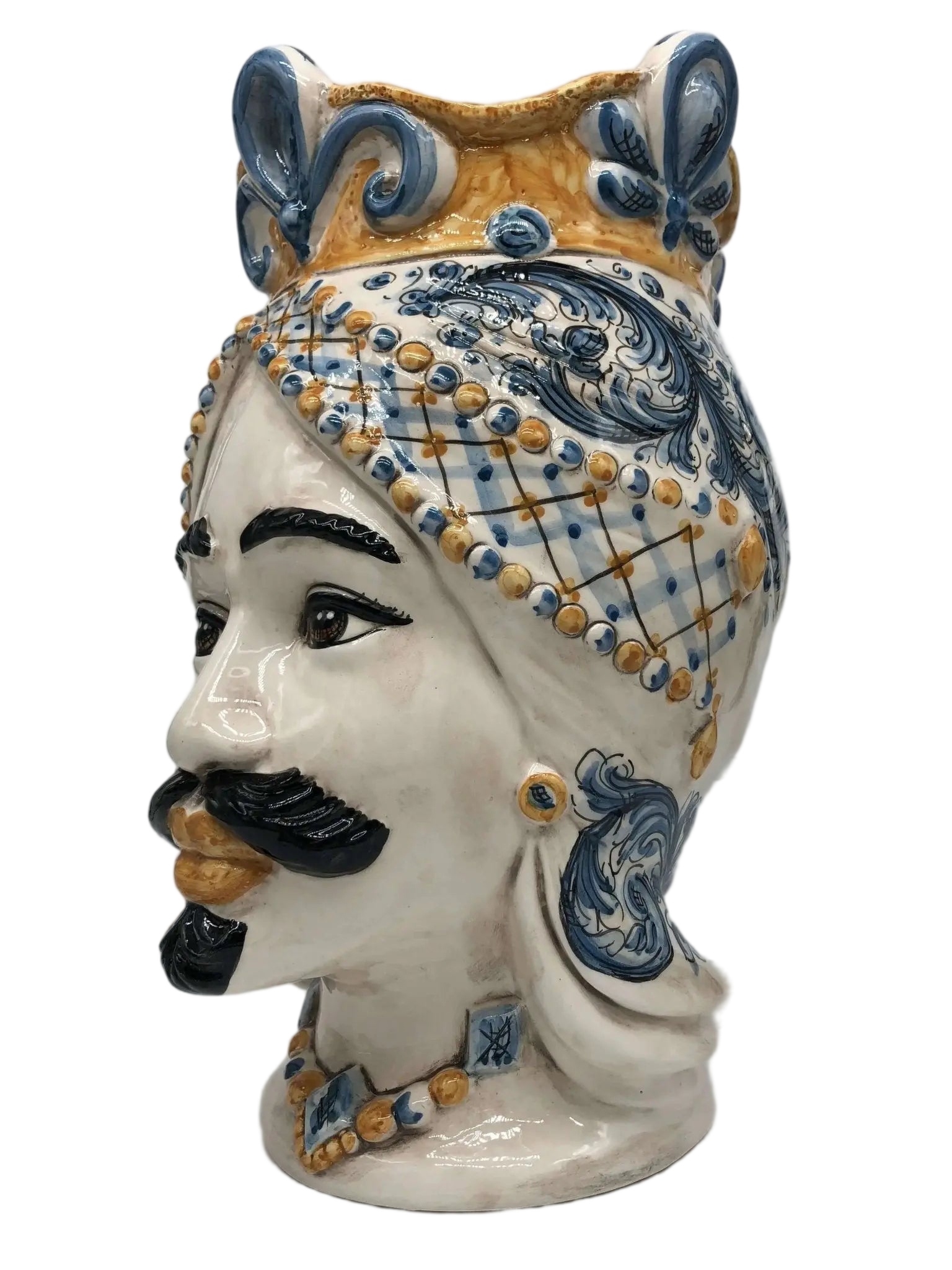 Teste di Moro Saturno Ceramica Caltagirone cm H.37 L.22 Artigianale Barocco Ocra Blu - DD CERAMICHE SICILIANE