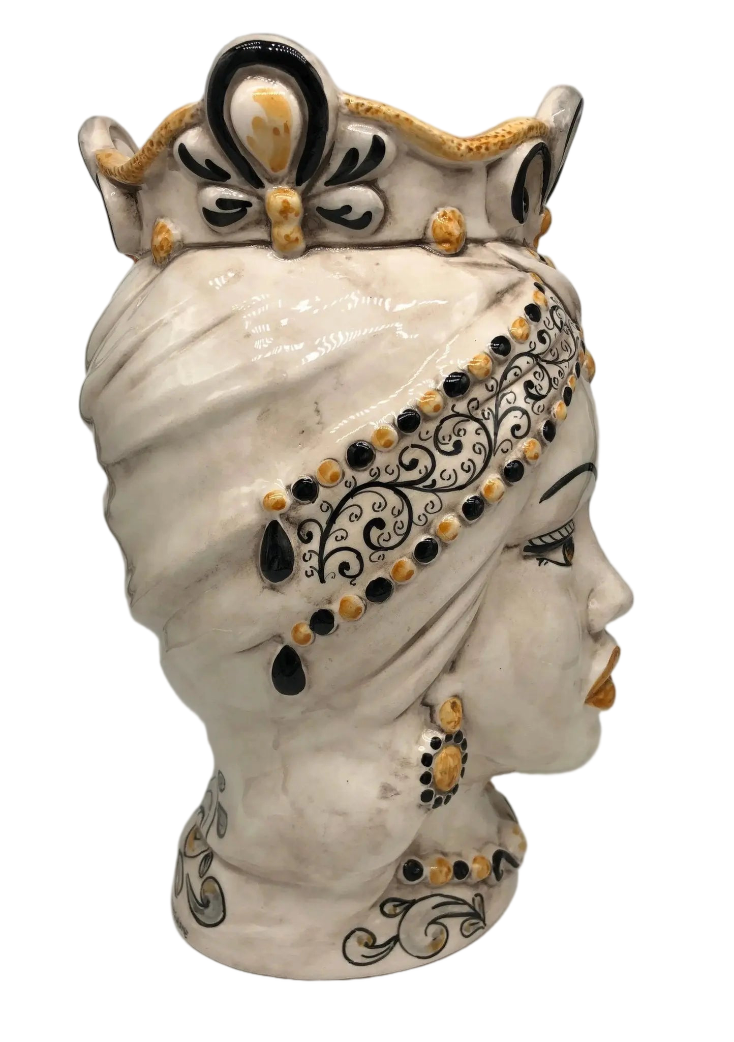 Teste di Moro Saturno Ceramica Caltagirone cm H.37 L.22 Artigianale Barocco Ocra Nero - DD CERAMICHE SICILIANE