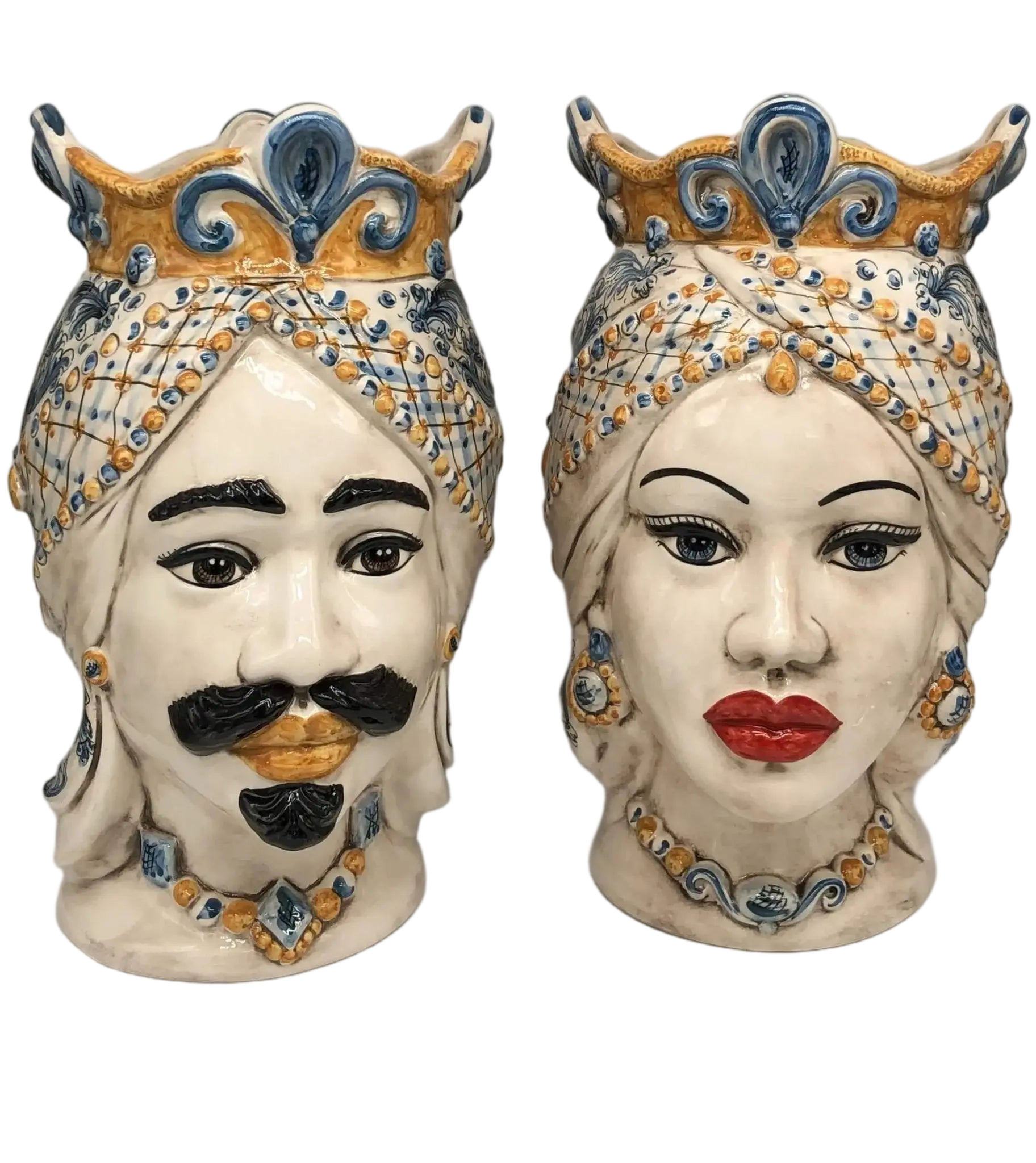 Teste di Moro Saturno Ceramica Caltagirone cm H.37 L.22 Artigianale Barocco Ocra Blu - DD CERAMICHE SICILIANE