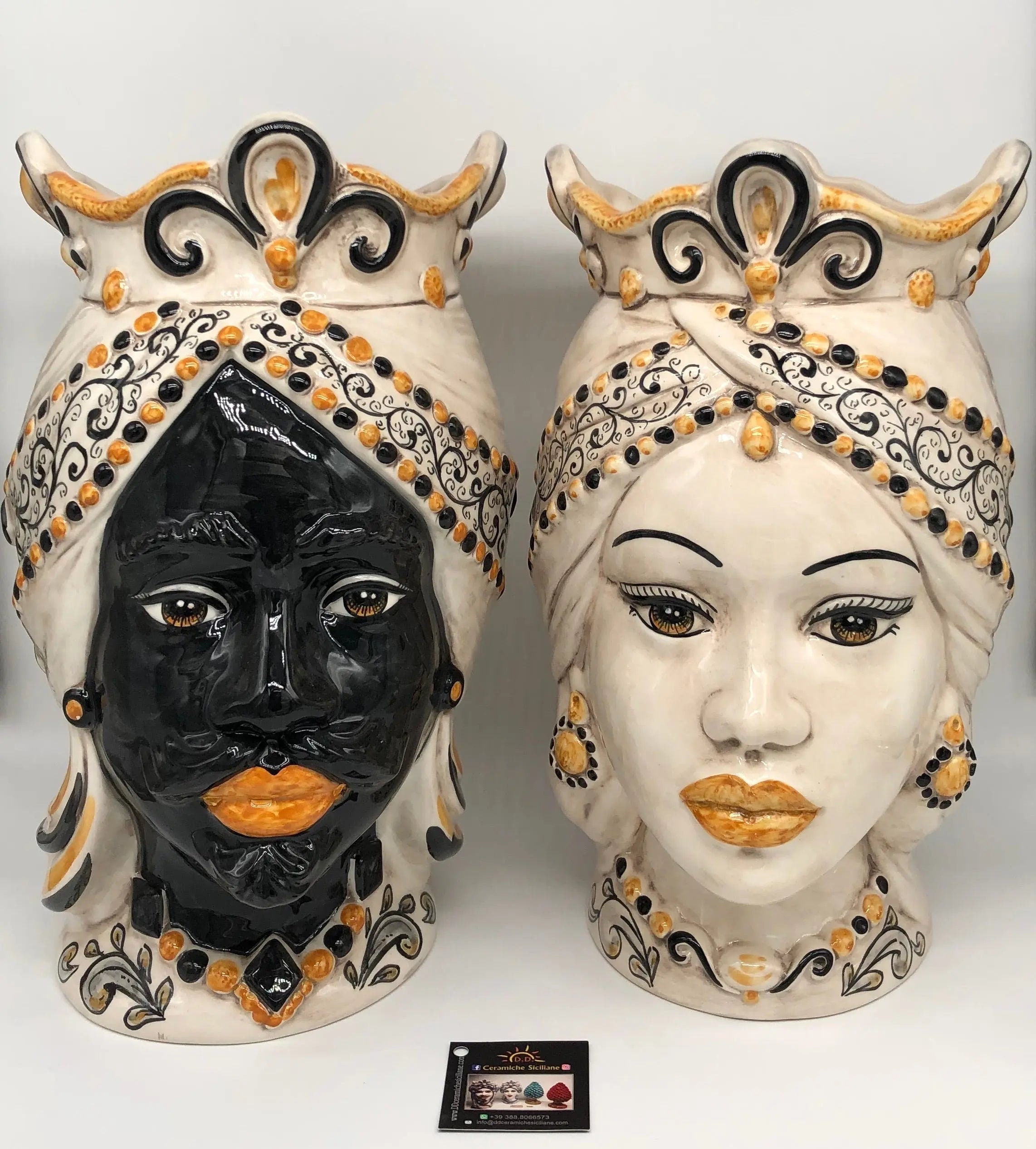 Teste di Moro Saturno Ceramica Caltagirone cm H.37 L.22 Artigianale Barocco Ocra Nero DD CERAMICHE SICILIANE