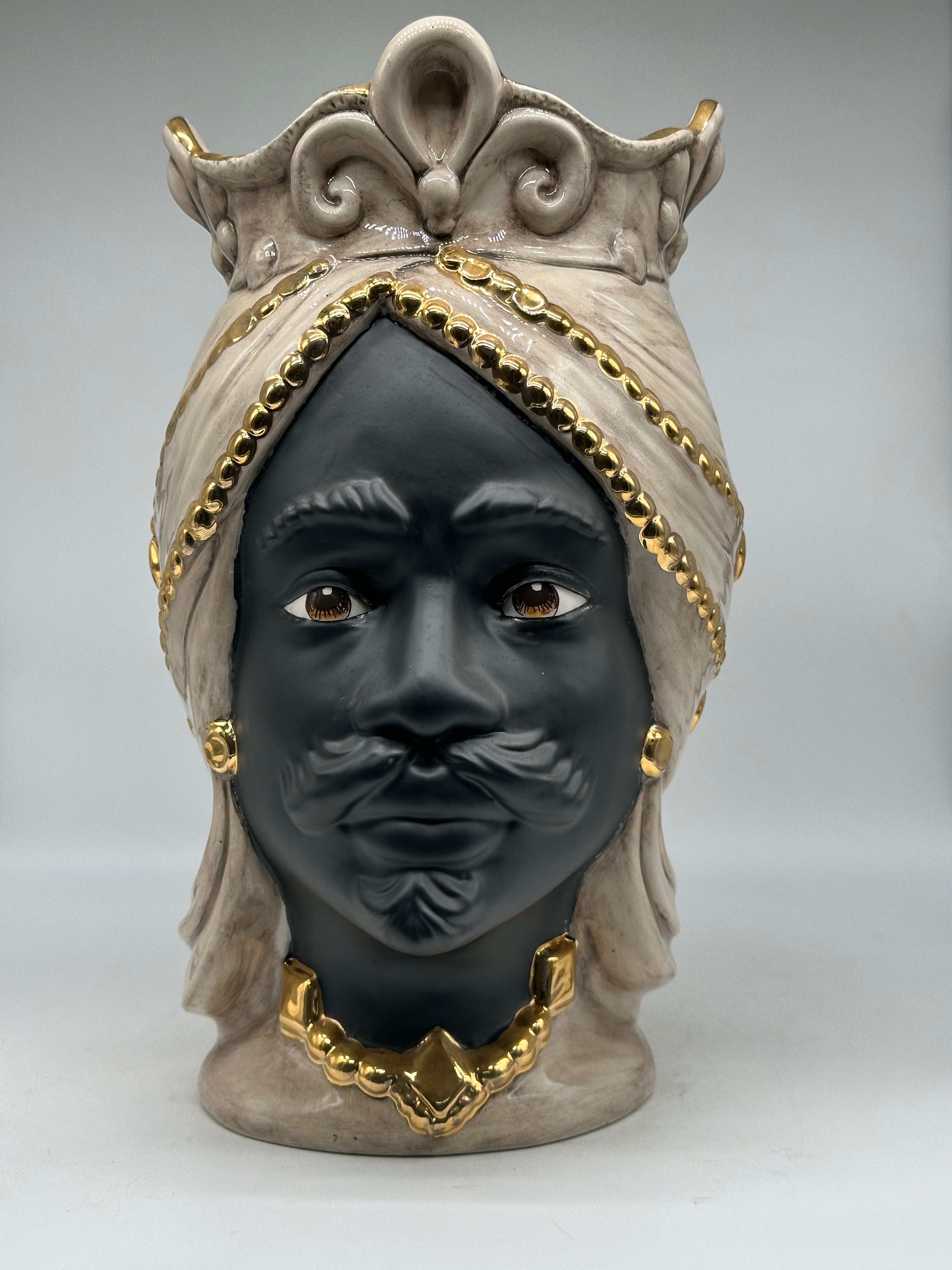 Teste di Moro Saturno Ceramica Caltagirone cm H.37 L.22 Artigianale Beige Oro - TESTE DI MORO