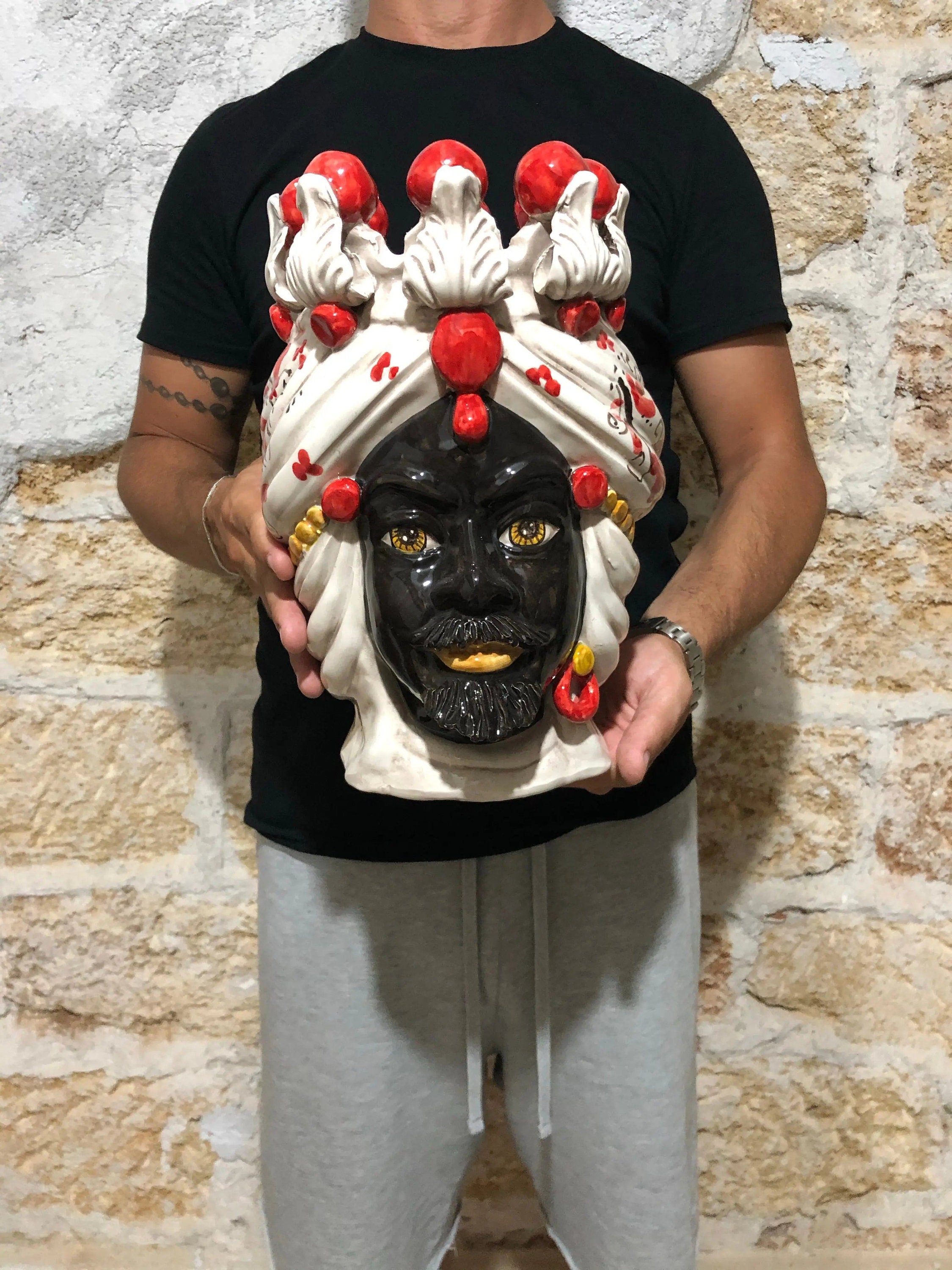 Teste di Moro Seicento Ceramica Caltagirone cm H.30 L.20 Artigianale Rosso DD CERAMICHE SICILIANE