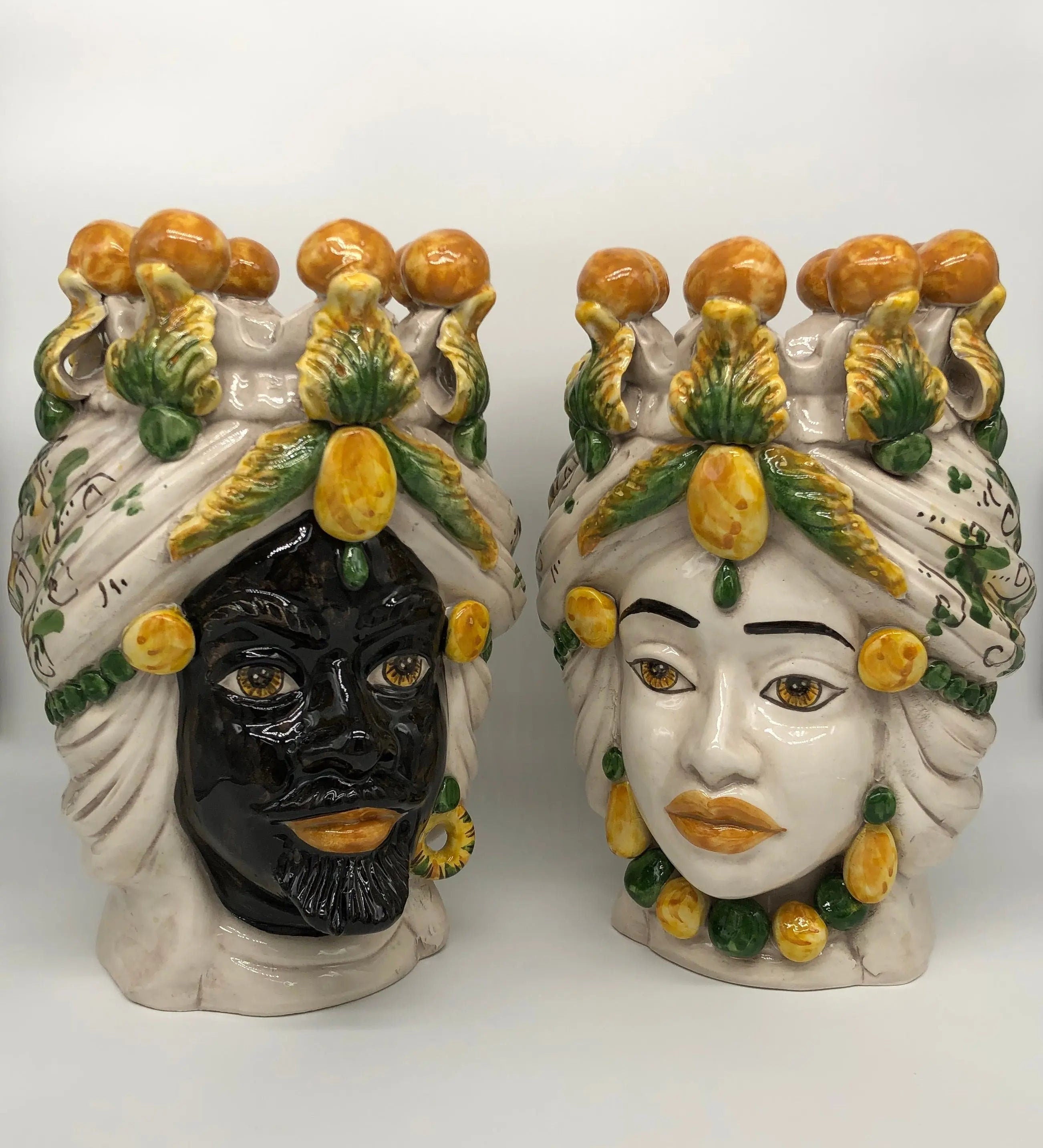 Teste di Moro Seicento Ceramica Caltagirone cm H.30 L.20 Artigianale Verde Giallo DD CERAMICHE SICILIANE