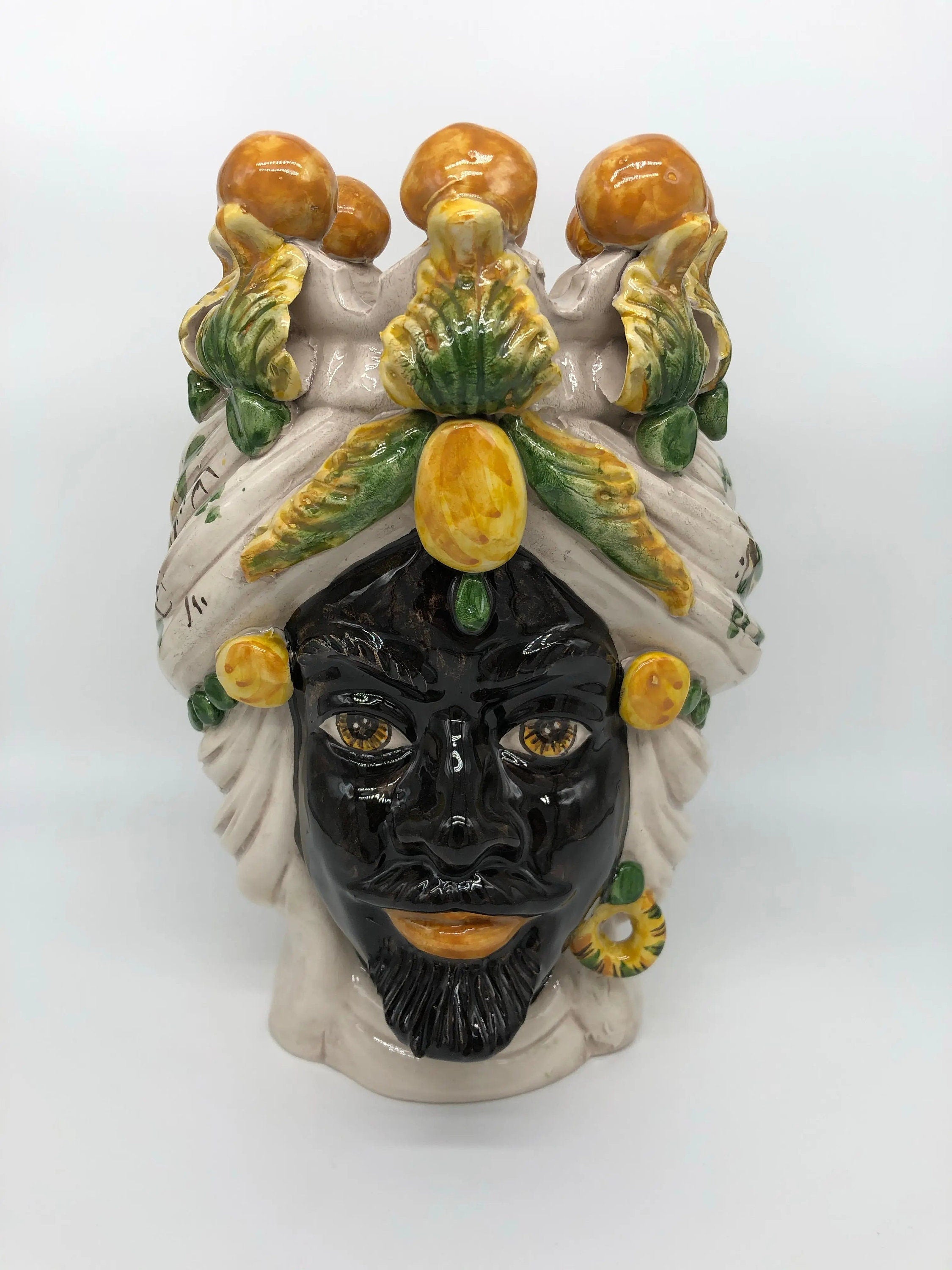 Teste di Moro Seicento Ceramica Caltagirone cm H.30 L.20 Artigianale Verde Giallo DD CERAMICHE SICILIANE