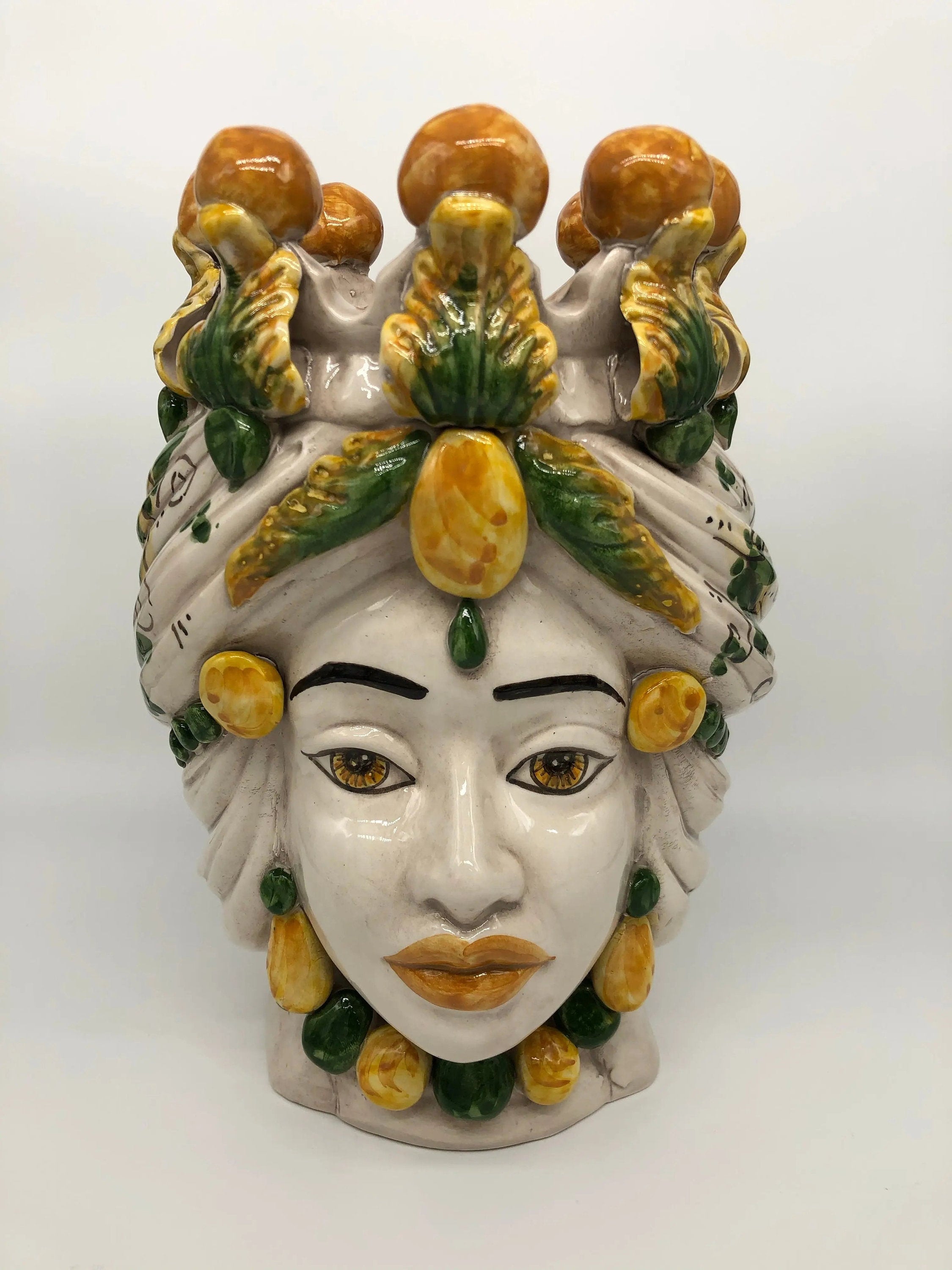Teste di Moro Seicento Ceramica Caltagirone cm H.30 L.20 Artigianale Verde Giallo DD CERAMICHE SICILIANE