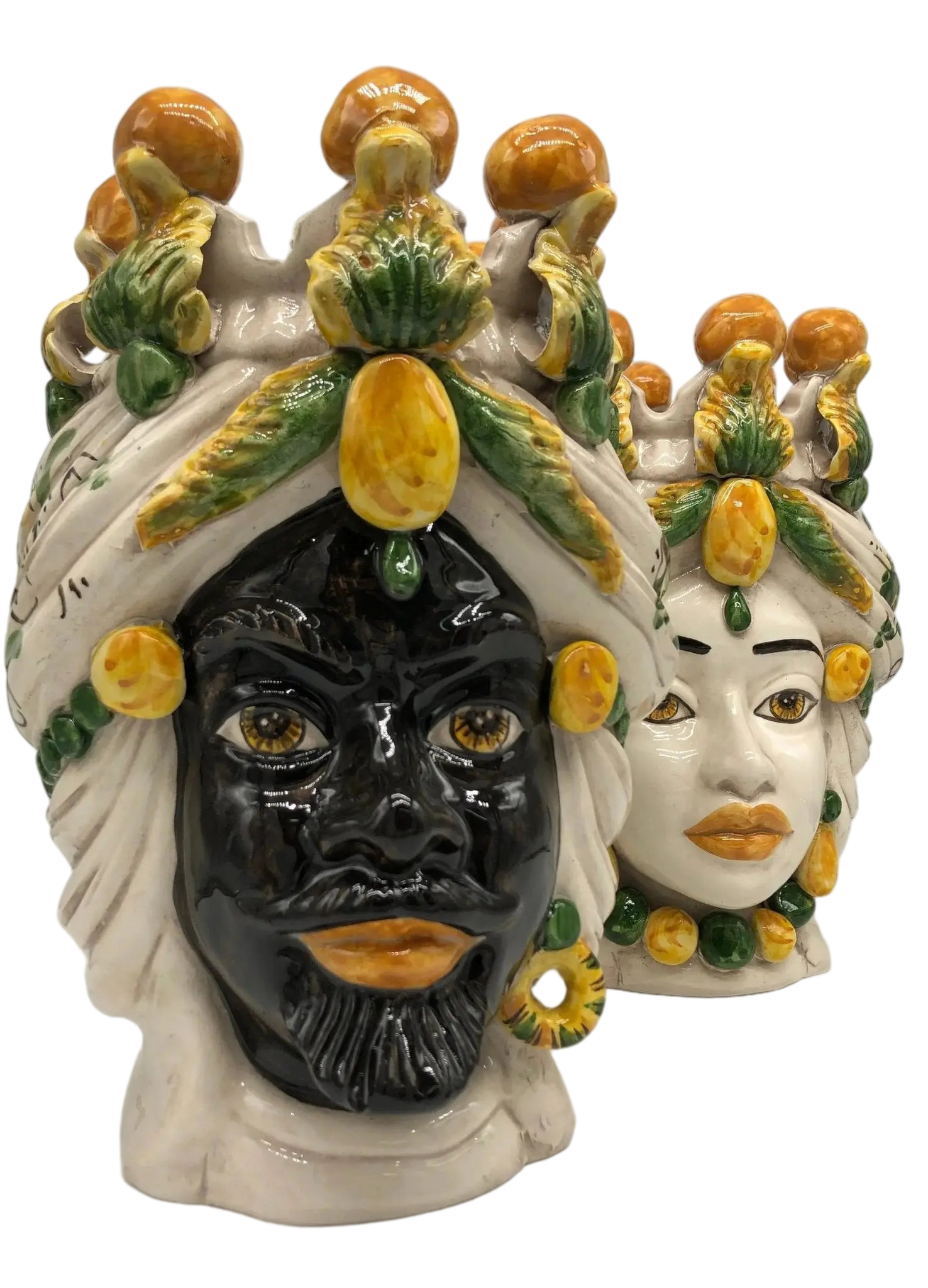 Teste di Moro Seicento Ceramica Caltagirone cm H.30 L.20 Artigianale Verde Giallo - DD CERAMICHE SICILIANE