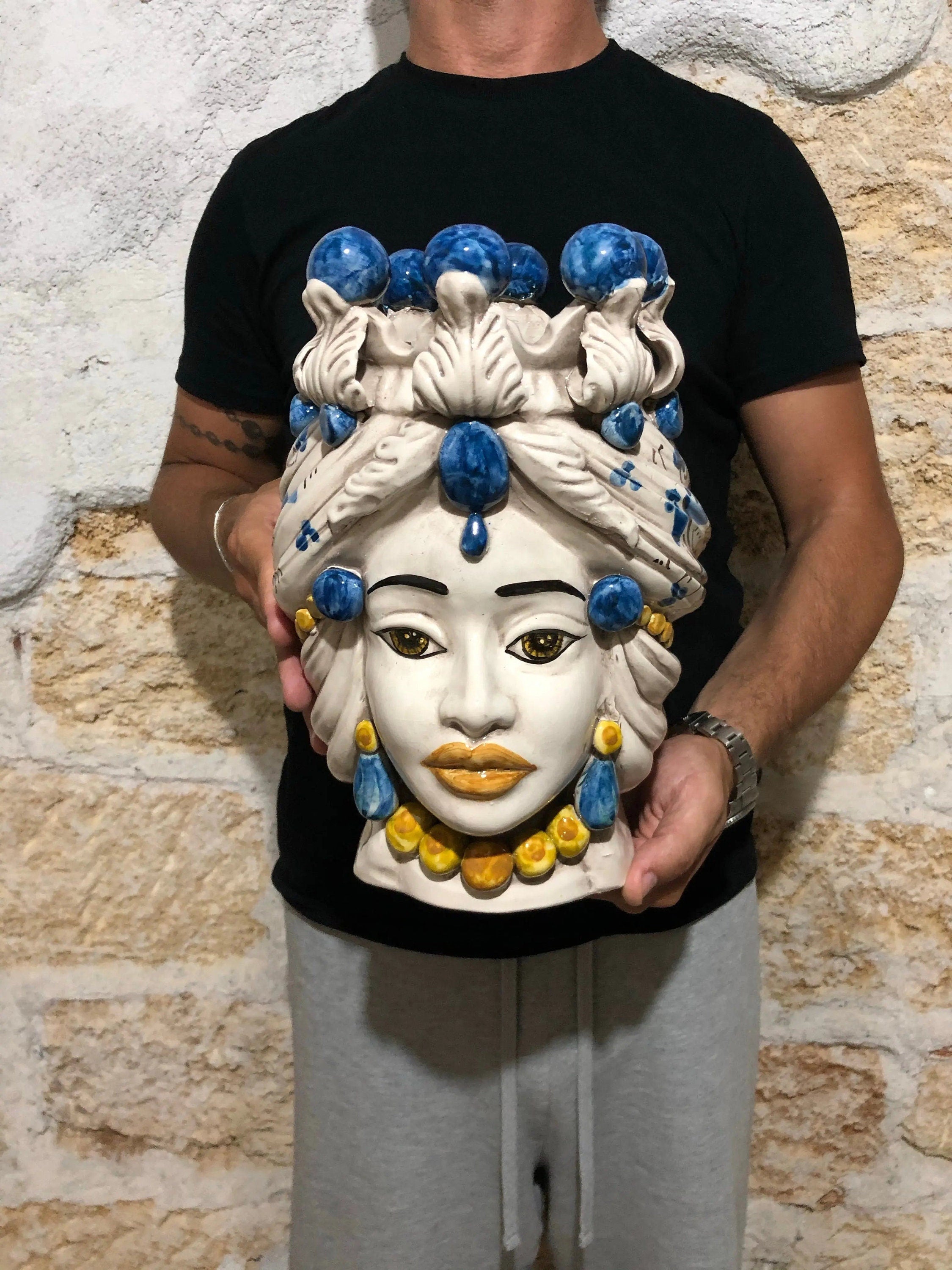 Teste di Moro Seicento Ceramica Caltagirone cm H.30 L.20 Artigianale Blu DD CERAMICHE SICILIANE
