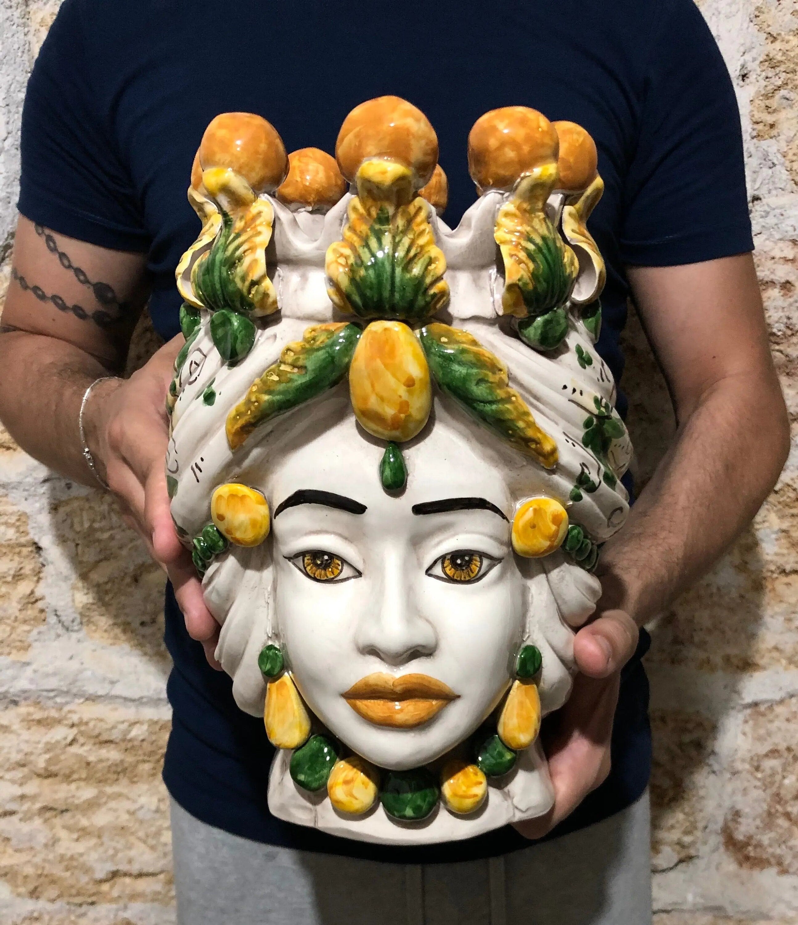 Teste di Moro Seicento Ceramica Caltagirone cm H.30 L.20 Artigianale Verde Giallo DD CERAMICHE SICILIANE