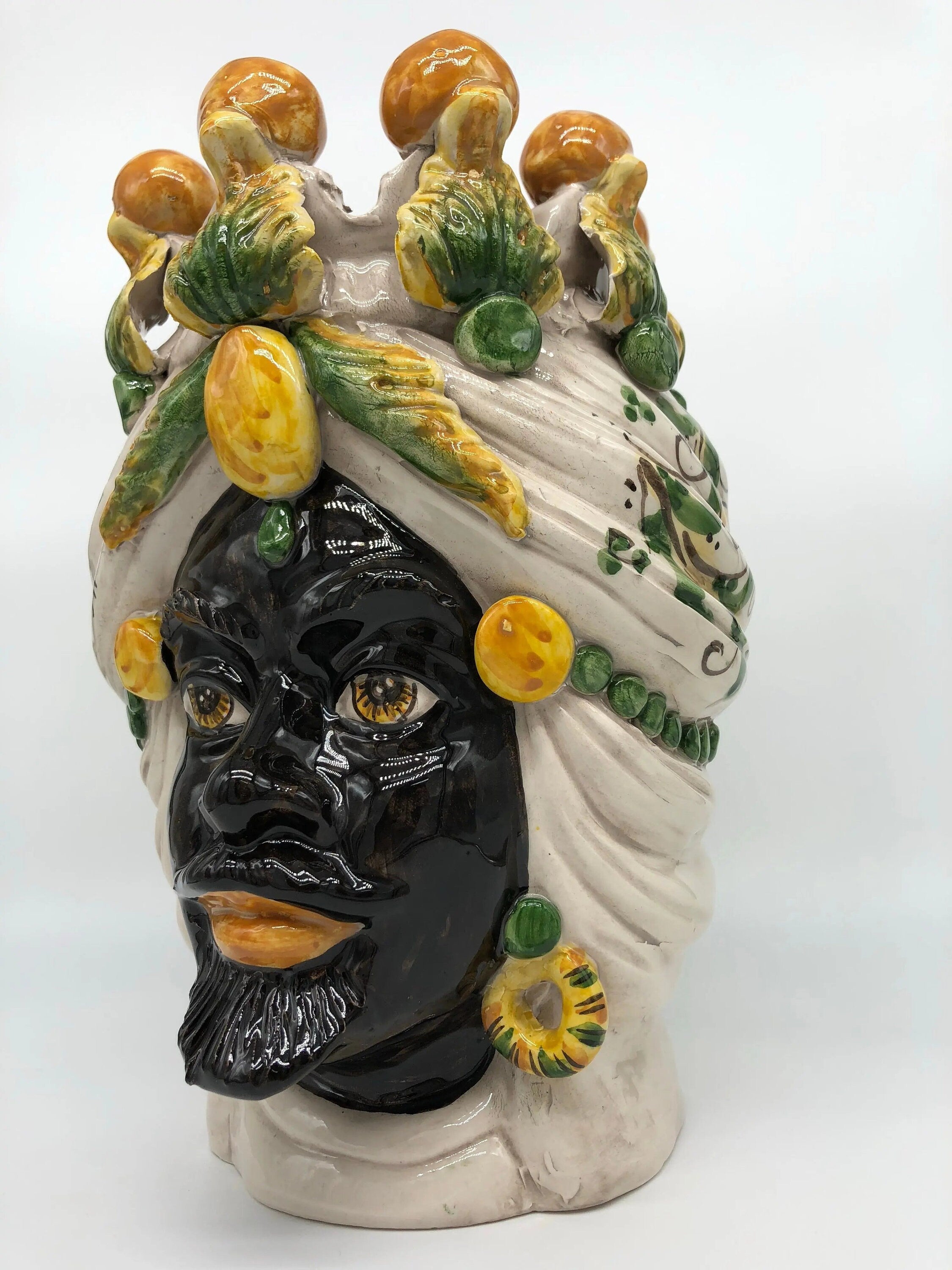Teste di Moro Seicento Ceramica Caltagirone cm H.30 L.20 Artigianale Verde Giallo DD CERAMICHE SICILIANE
