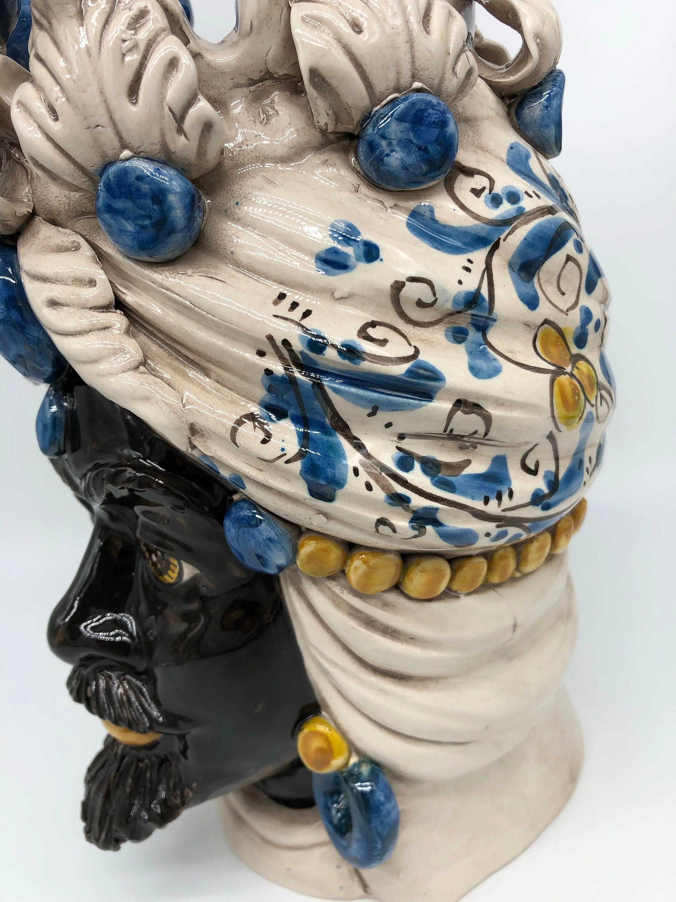 Teste di Moro Seicento Ceramica Caltagirone cm H.30 L.20 Artigianale Blu DD CERAMICHE SICILIANE