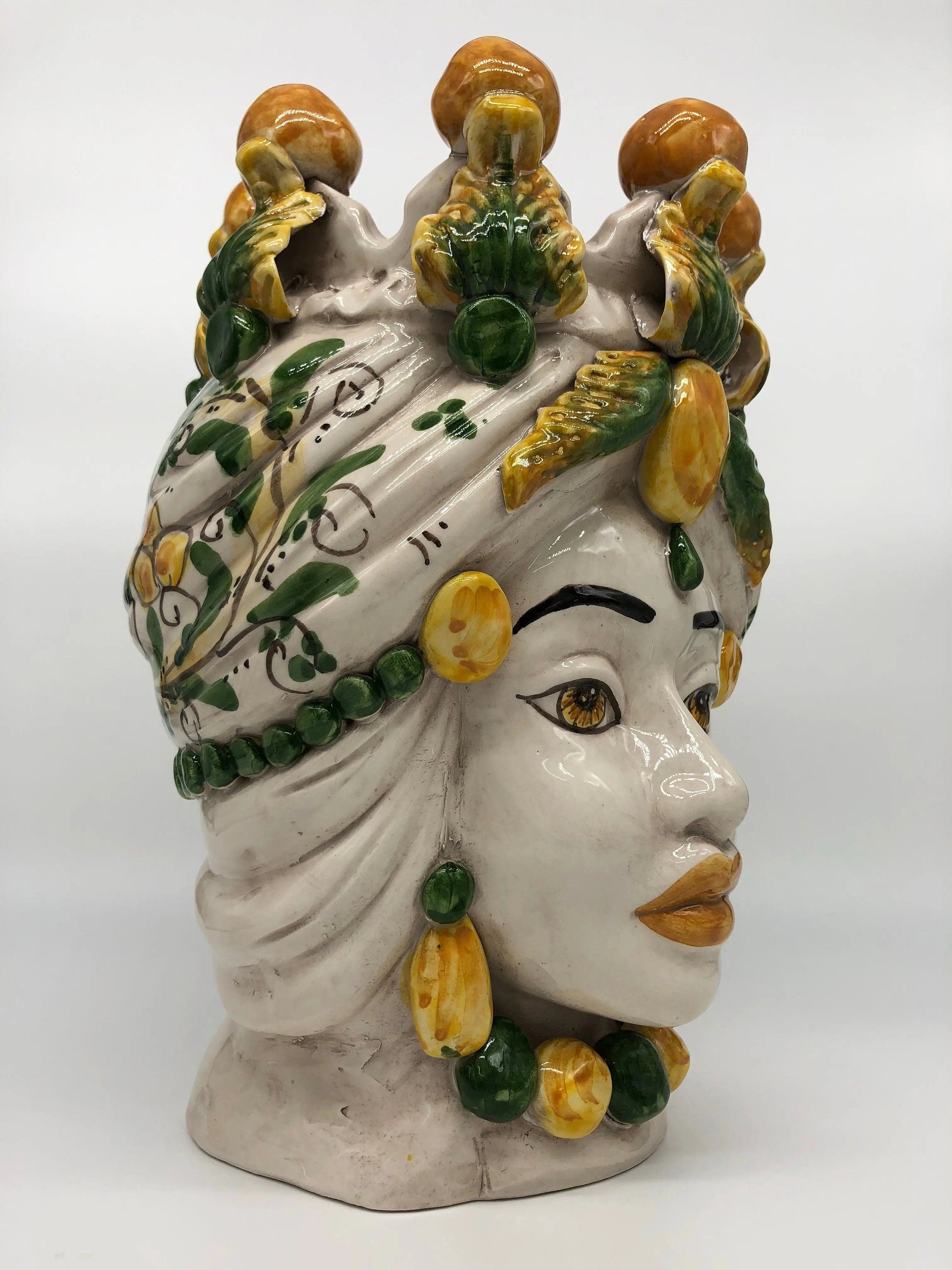 Teste di Moro Seicento Ceramica Caltagirone cm H.30 L.20 Artigianale Verde Giallo DD CERAMICHE SICILIANE