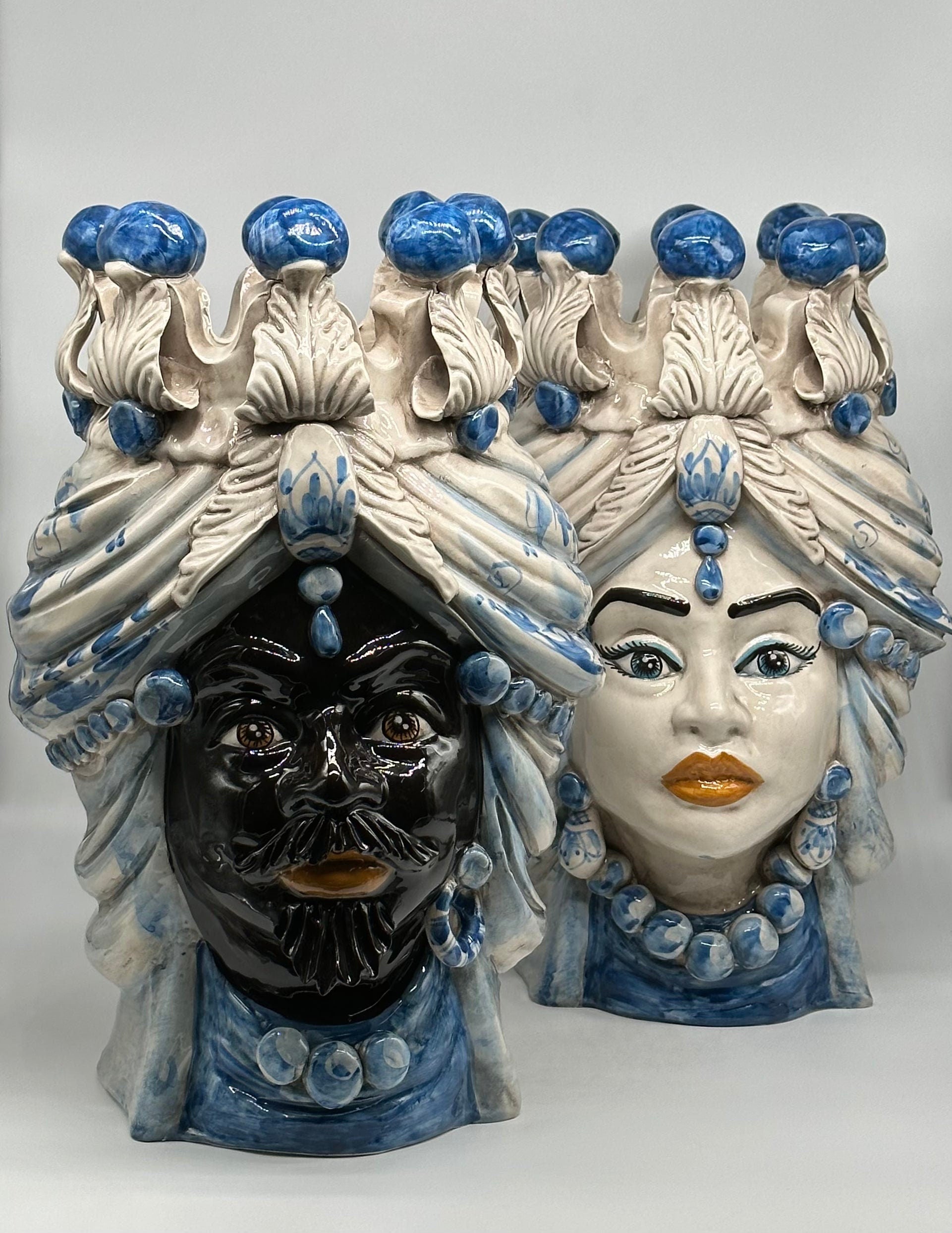 Teste di Moro Seicento Ceramica Caltagirone cm H.40 L.26 Artigianale Blu