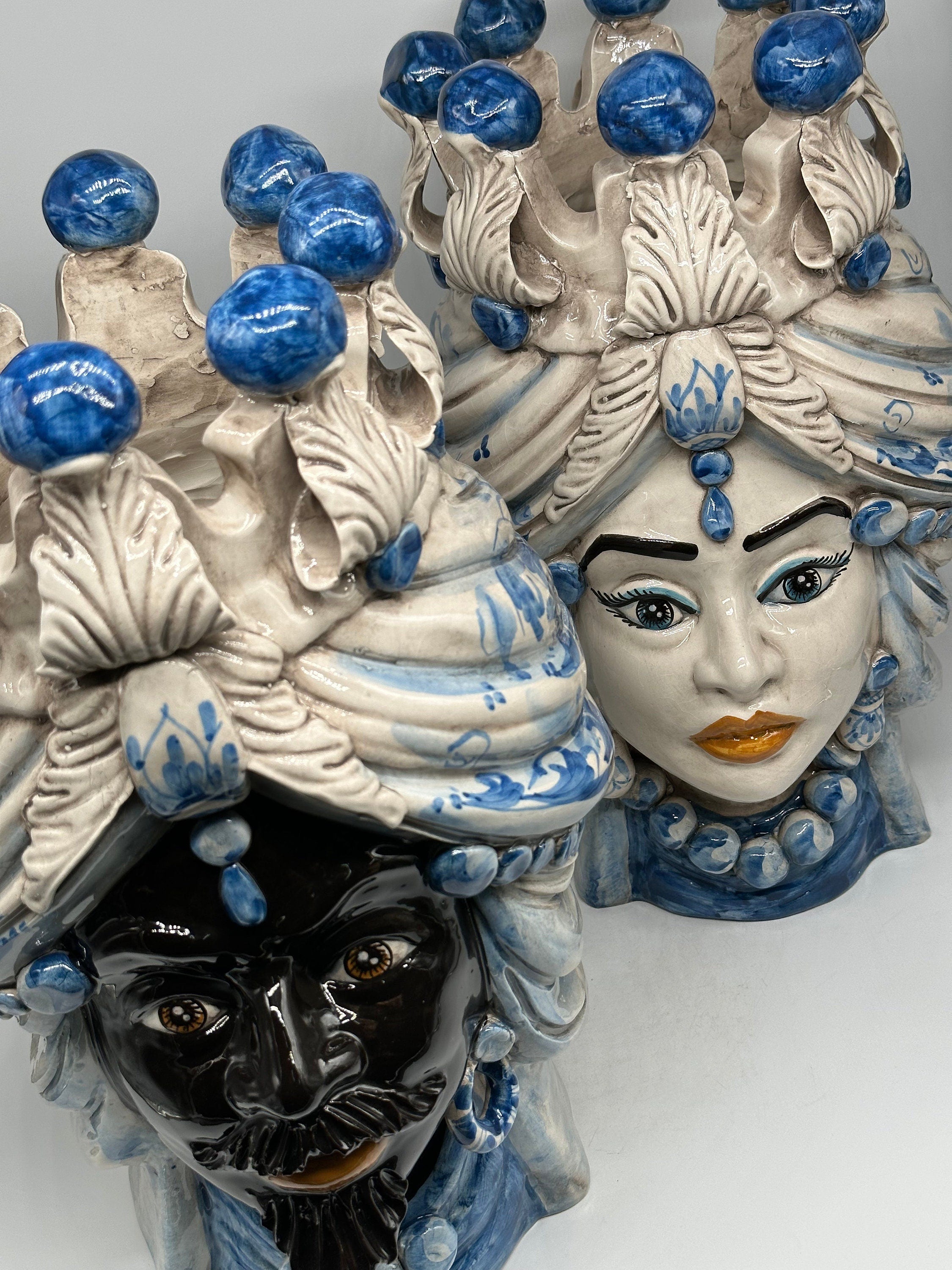 Teste di Moro Seicento Ceramica Caltagirone cm H.40 L.26 Artigianale Blu