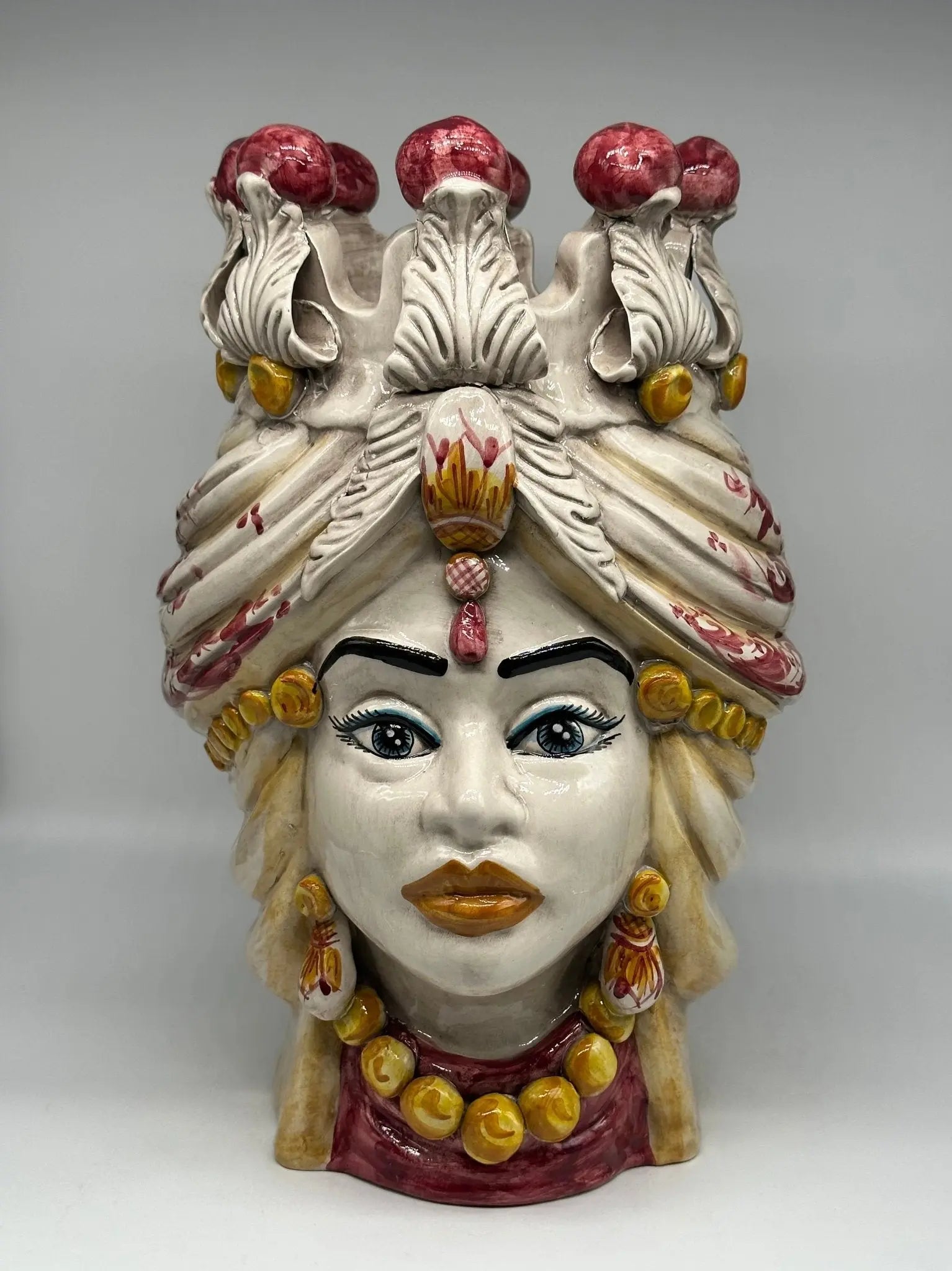Teste di Moro Seicento Ceramica Caltagirone cm H.40 L.26 Artigianale Bordeaux Giallo - Donna - TESTA DI MORO