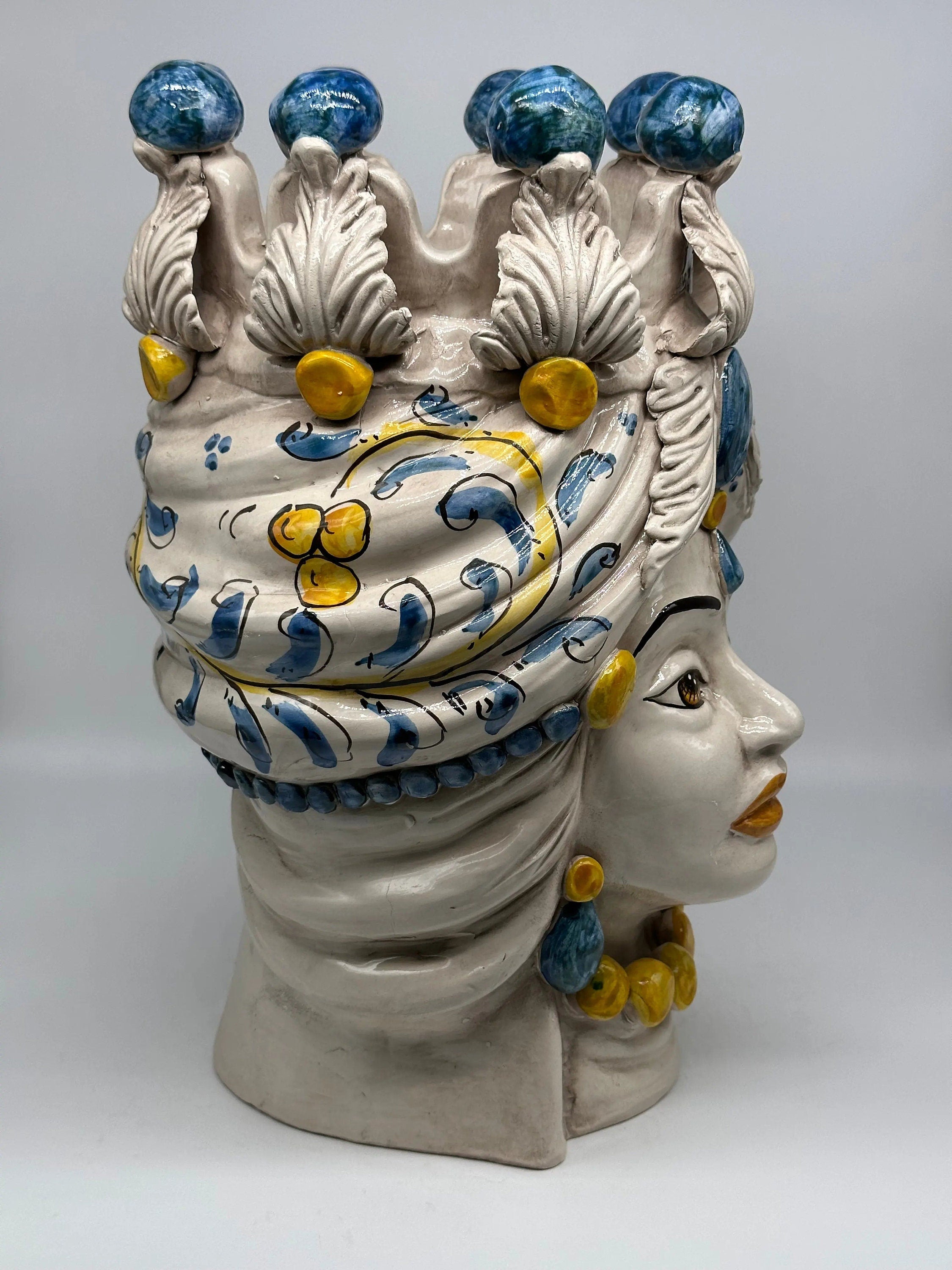 Teste di Moro Seicento Ceramica Caltagirone cm H.40 L.25 Artigianale Blu DD CERAMICHE SICILIANE