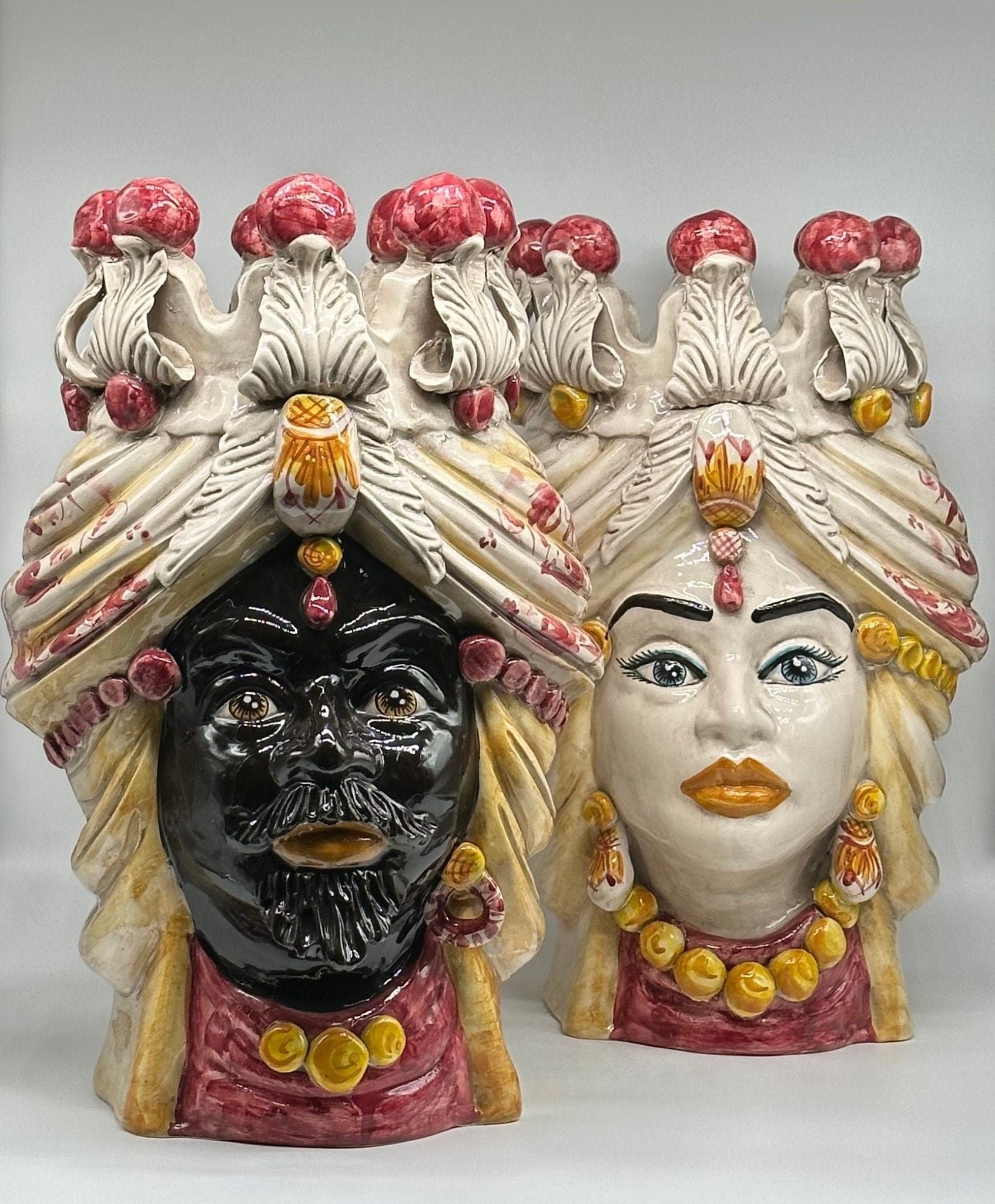 Teste di Moro Seicento Ceramica Caltagirone cm H.40 L.26 Artigianale Bordeaux Giallo - DD CERAMICHE SICILIANE