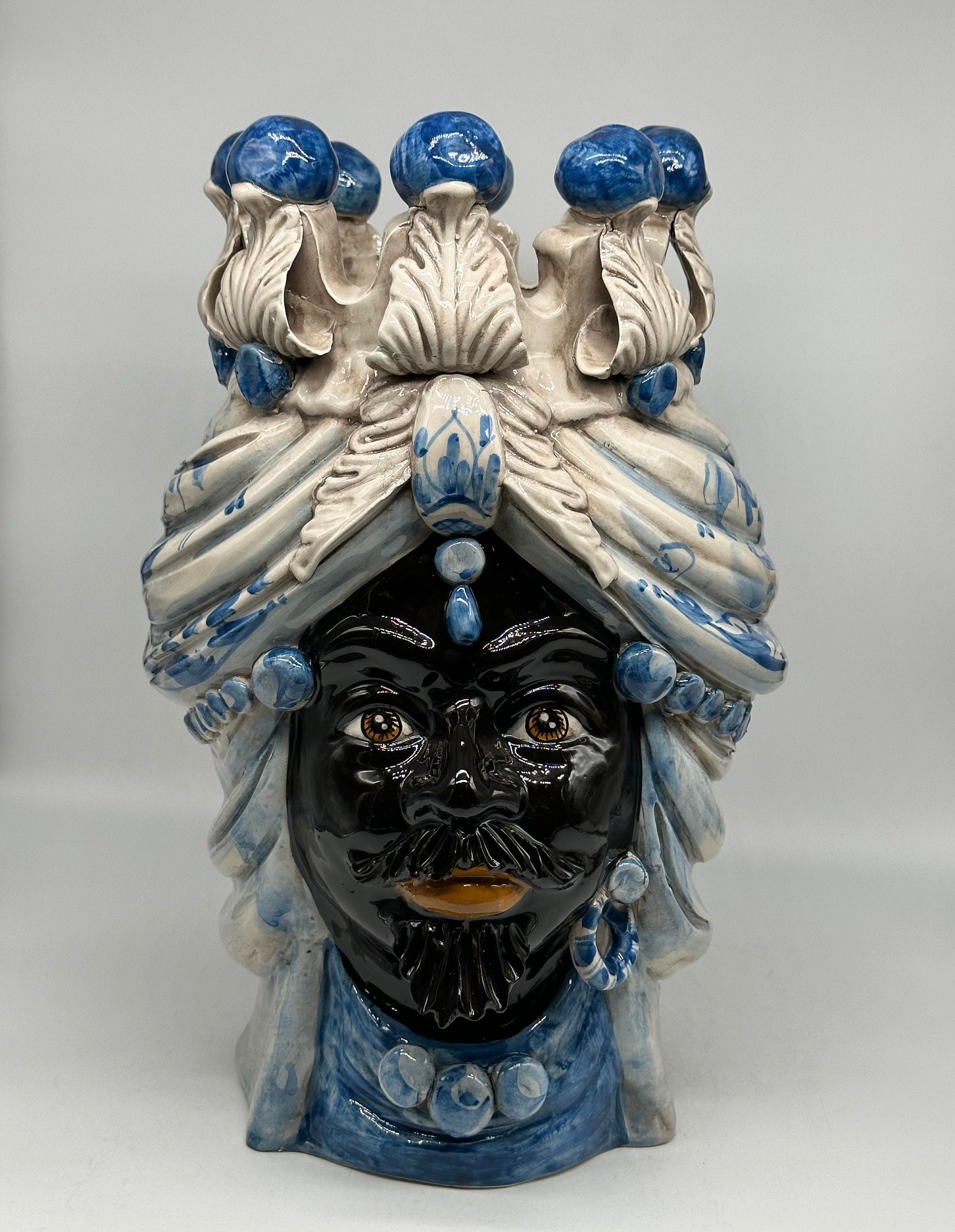 Teste di Moro Seicento Ceramica Caltagirone cm H.40 L.26 Artigianale Blu