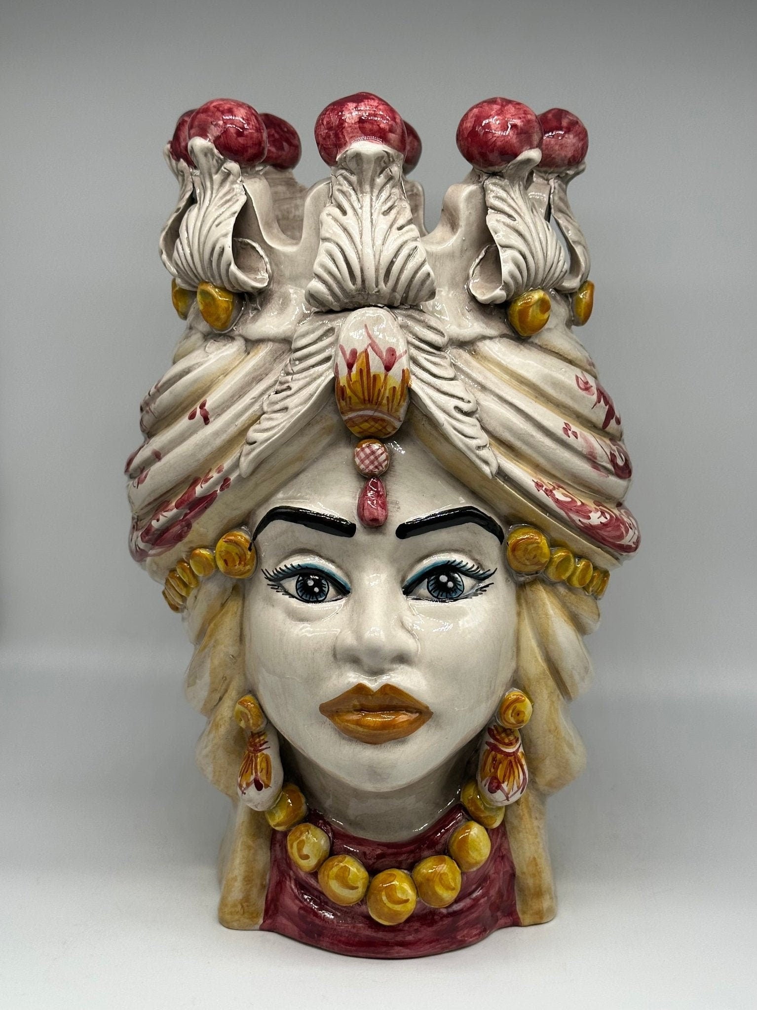 Teste di Moro Seicento Ceramica Caltagirone cm H.40 L.26 Artigianale Bordeaux Giallo - DD CERAMICHE SICILIANE