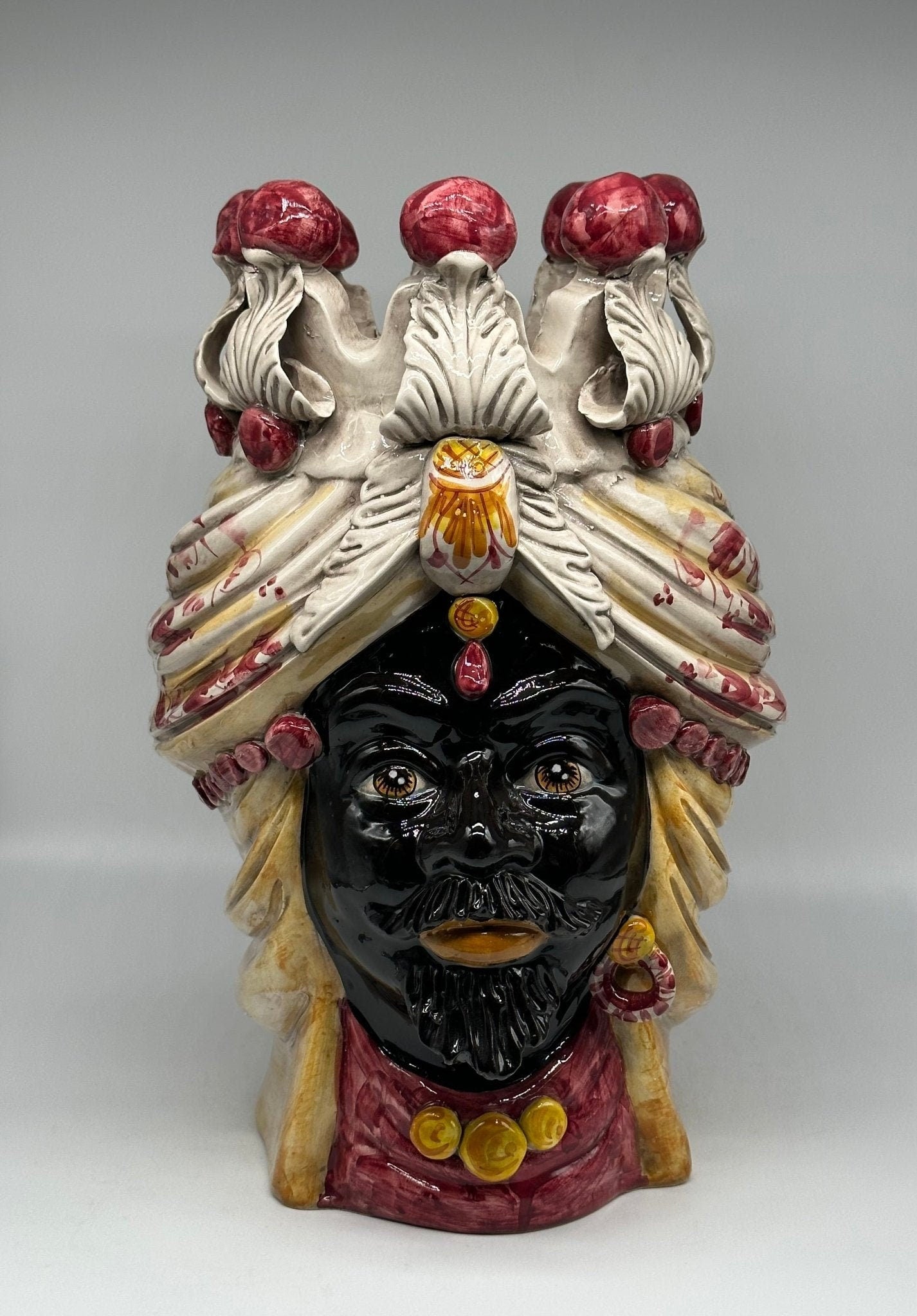 Teste di Moro Seicento Ceramica Caltagirone cm H.40 L.26 Artigianale Bordeaux Giallo - DD CERAMICHE SICILIANE