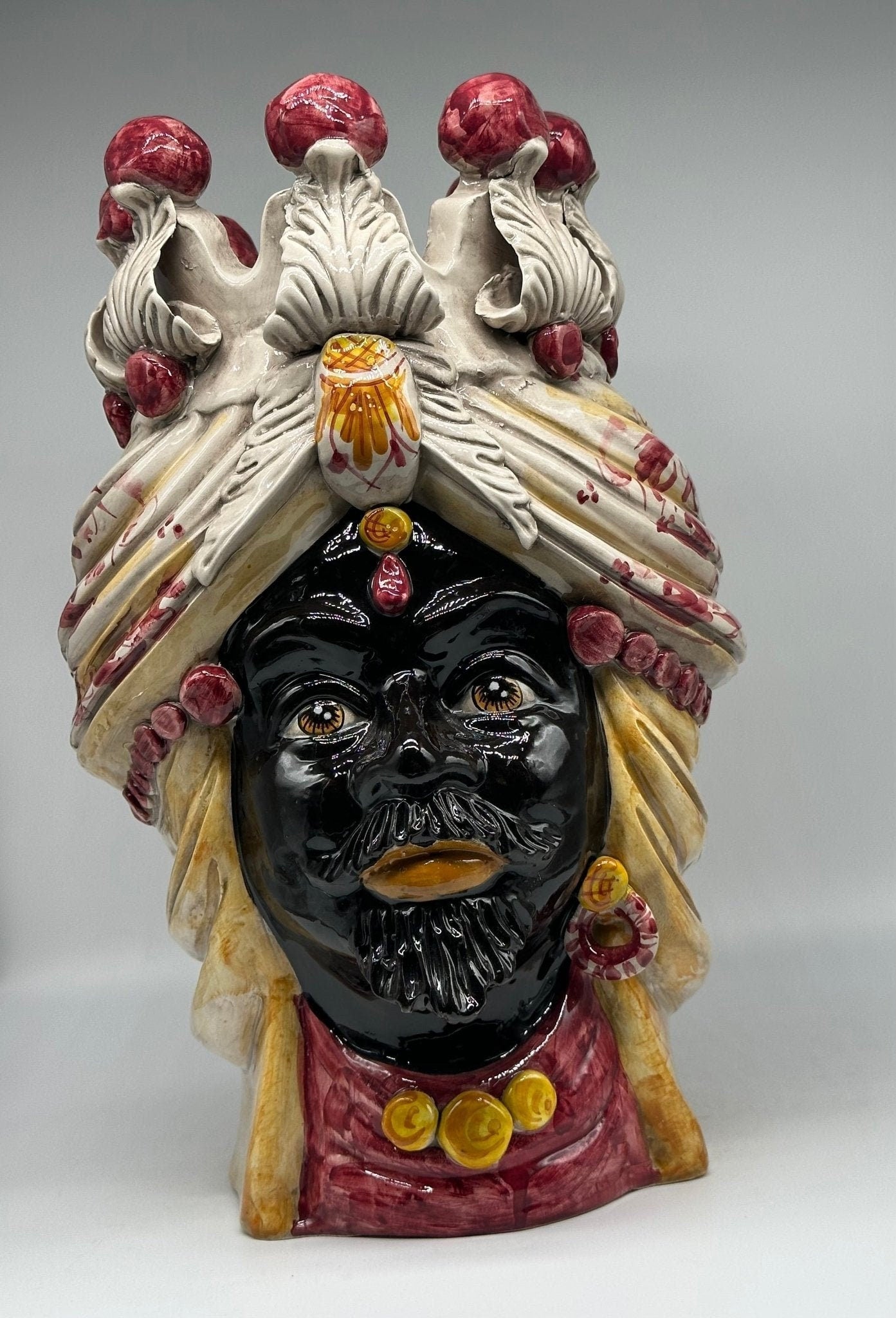 Teste di Moro Seicento Ceramica Caltagirone cm H.40 L.26 Artigianale Bordeaux Giallo - DD CERAMICHE SICILIANE