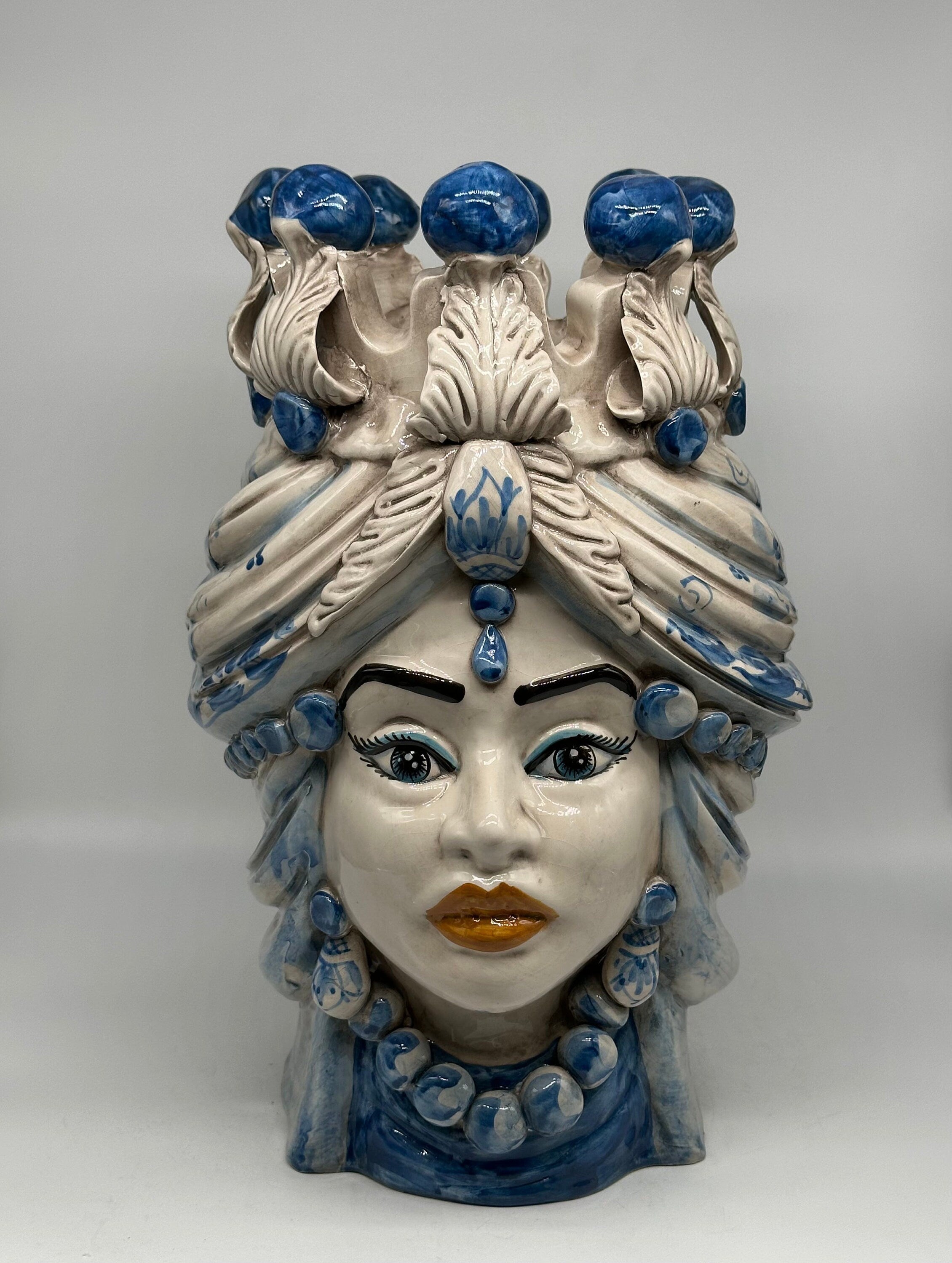 Teste di Moro Seicento Ceramica Caltagirone cm H.40 L.26 Artigianale Blu