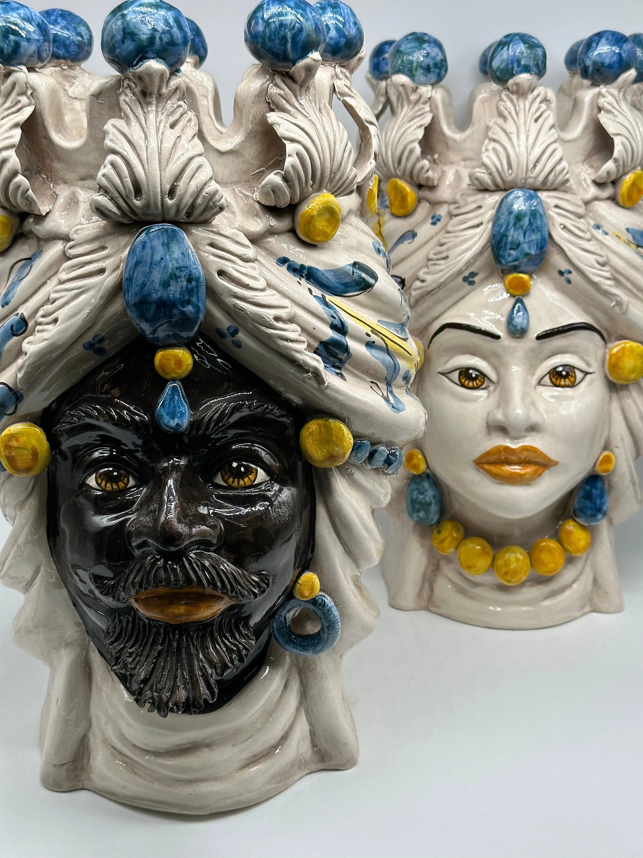 Teste di Moro Seicento Ceramica Caltagirone cm H.40 L.25 Artigianale Blu DD CERAMICHE SICILIANE