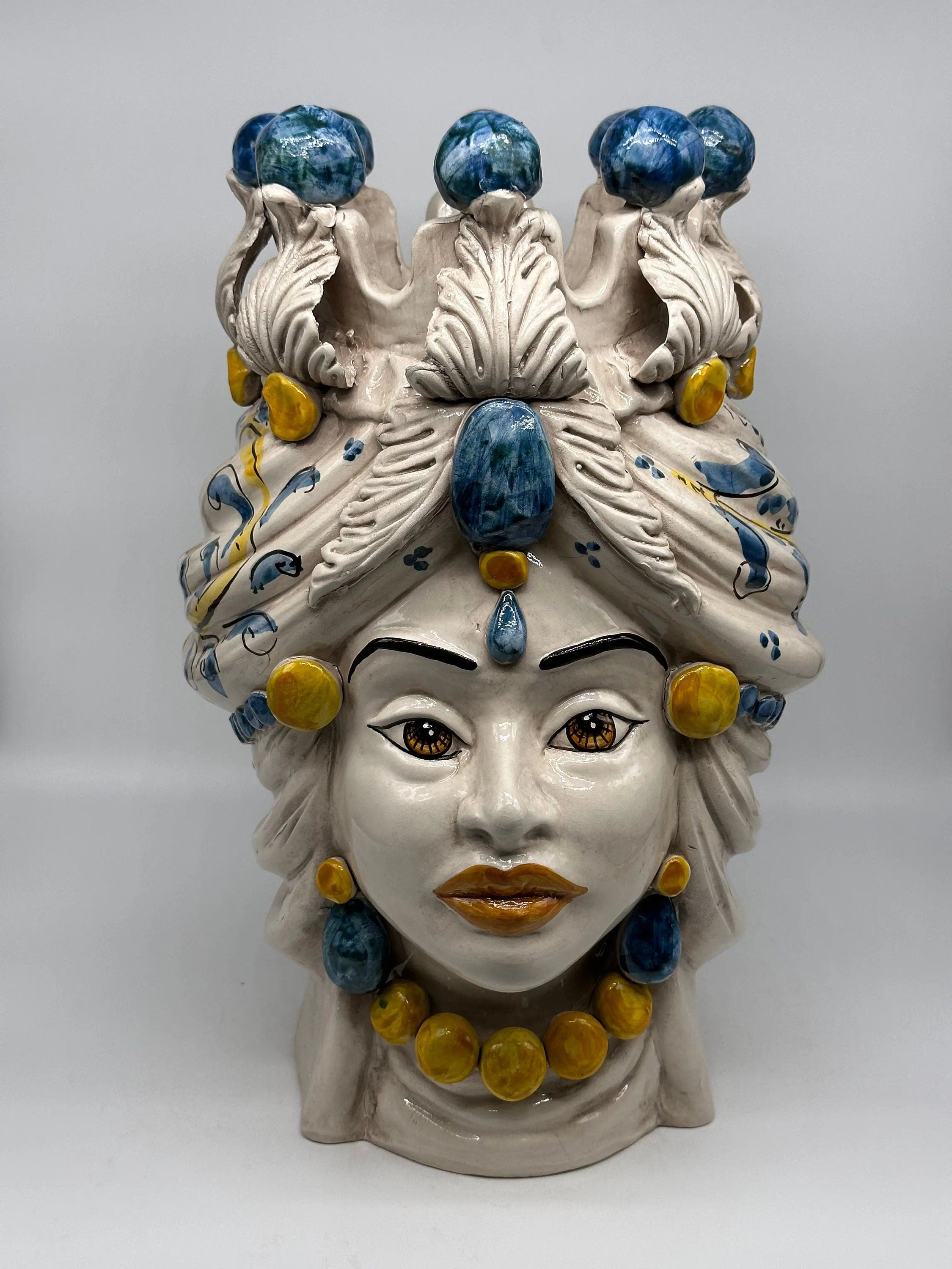 Teste di Moro Seicento Ceramica Caltagirone cm H.40 L.25 Artigianale Blu DD CERAMICHE SICILIANE