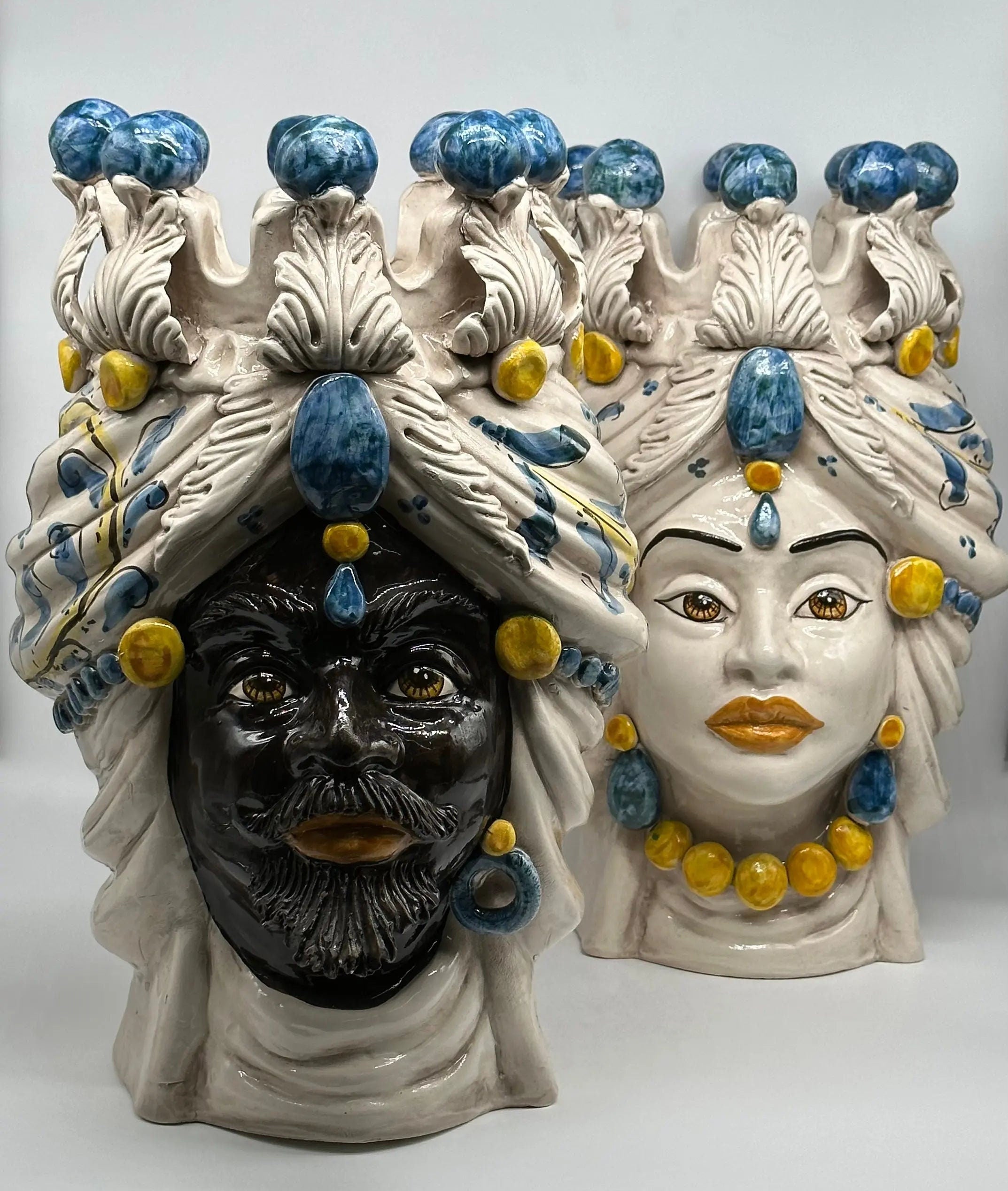 Teste di Moro Seicento Ceramica Caltagirone cm H.40 L.25 Artigianale Blu DD CERAMICHE SICILIANE