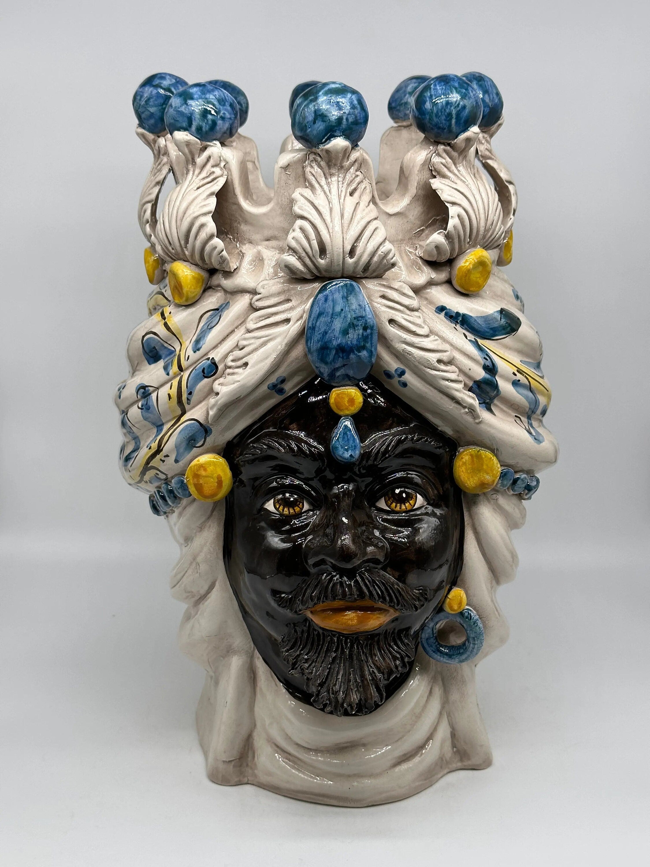 Teste di Moro Seicento Ceramica Caltagirone cm H.40 L.25 Artigianale Blu DD CERAMICHE SICILIANE