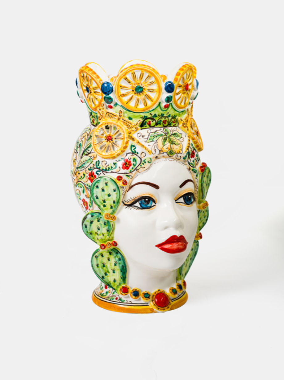 Teste di Moro TDS Ruote Carretto e Fichi d’India Ceramica Caltagirone cm H.45 L.28 Artigianale - TESTE DI MORO