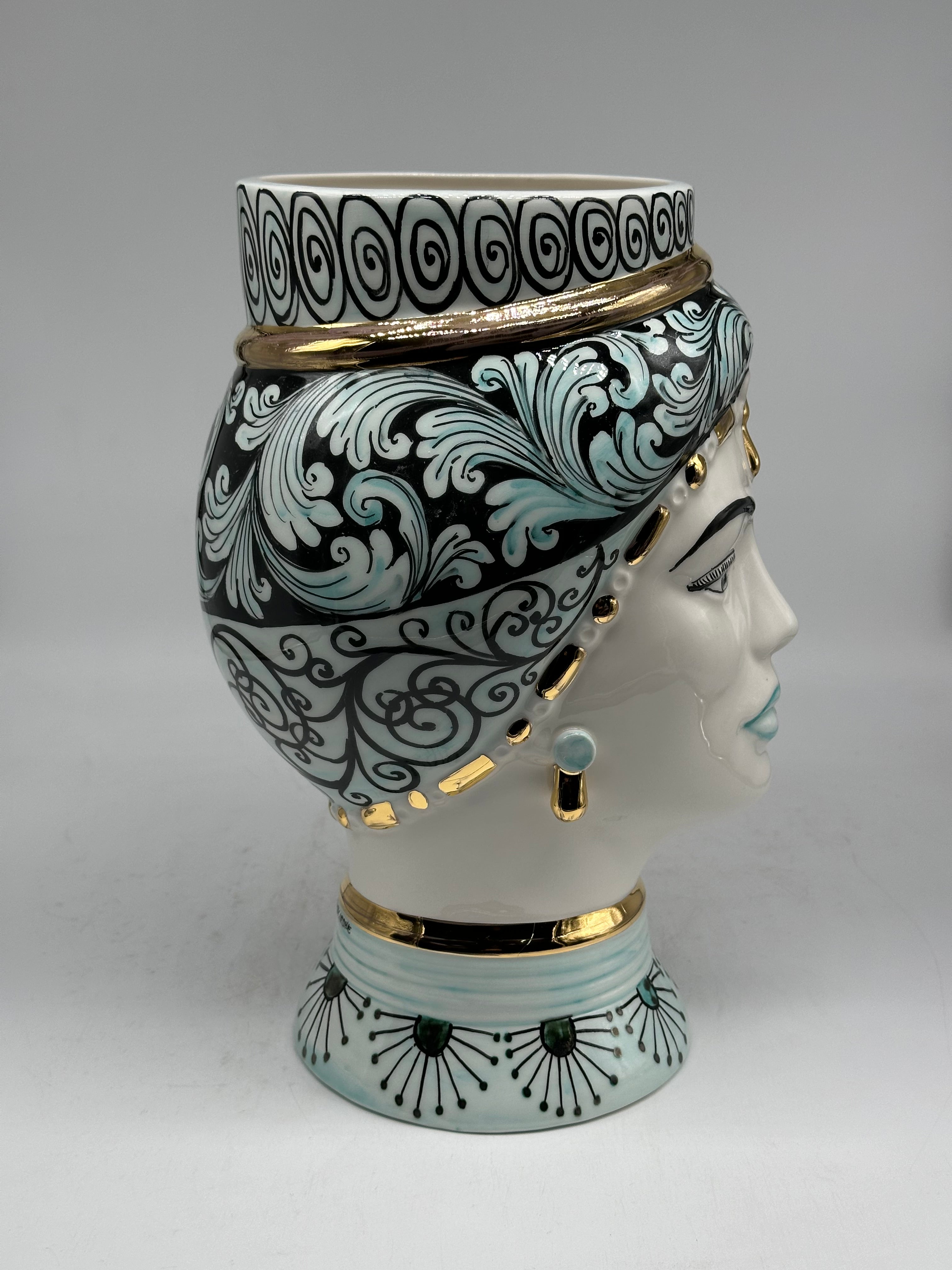 Teste di Moro Token Ceramica Caltagirone cm H.31 L.18 Artigianale Toni Verde Oro V.2