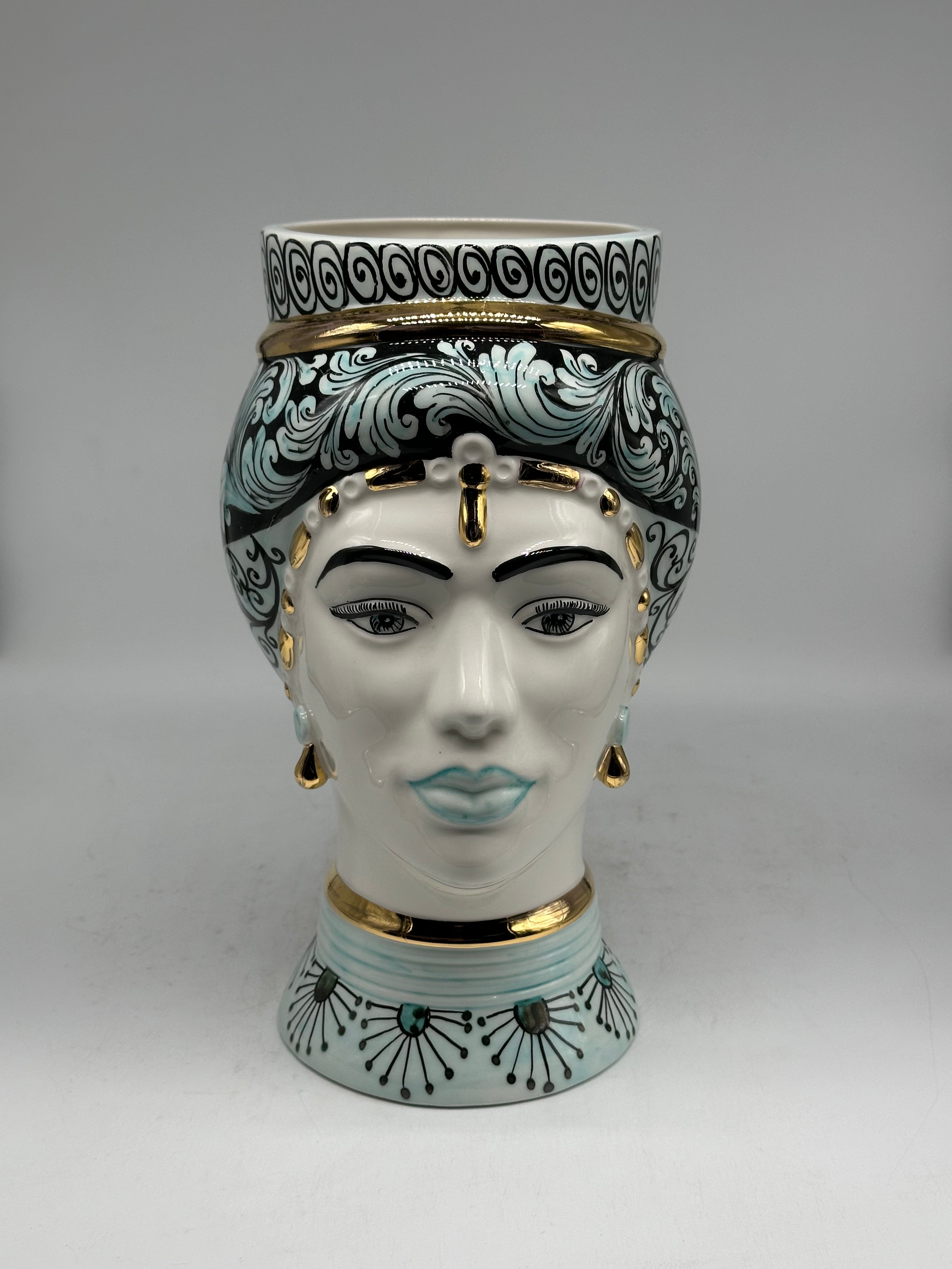 Teste di Moro Token Ceramica Caltagirone cm H.31 L.18 Artigianale Toni Verde Oro V.2 - Donna