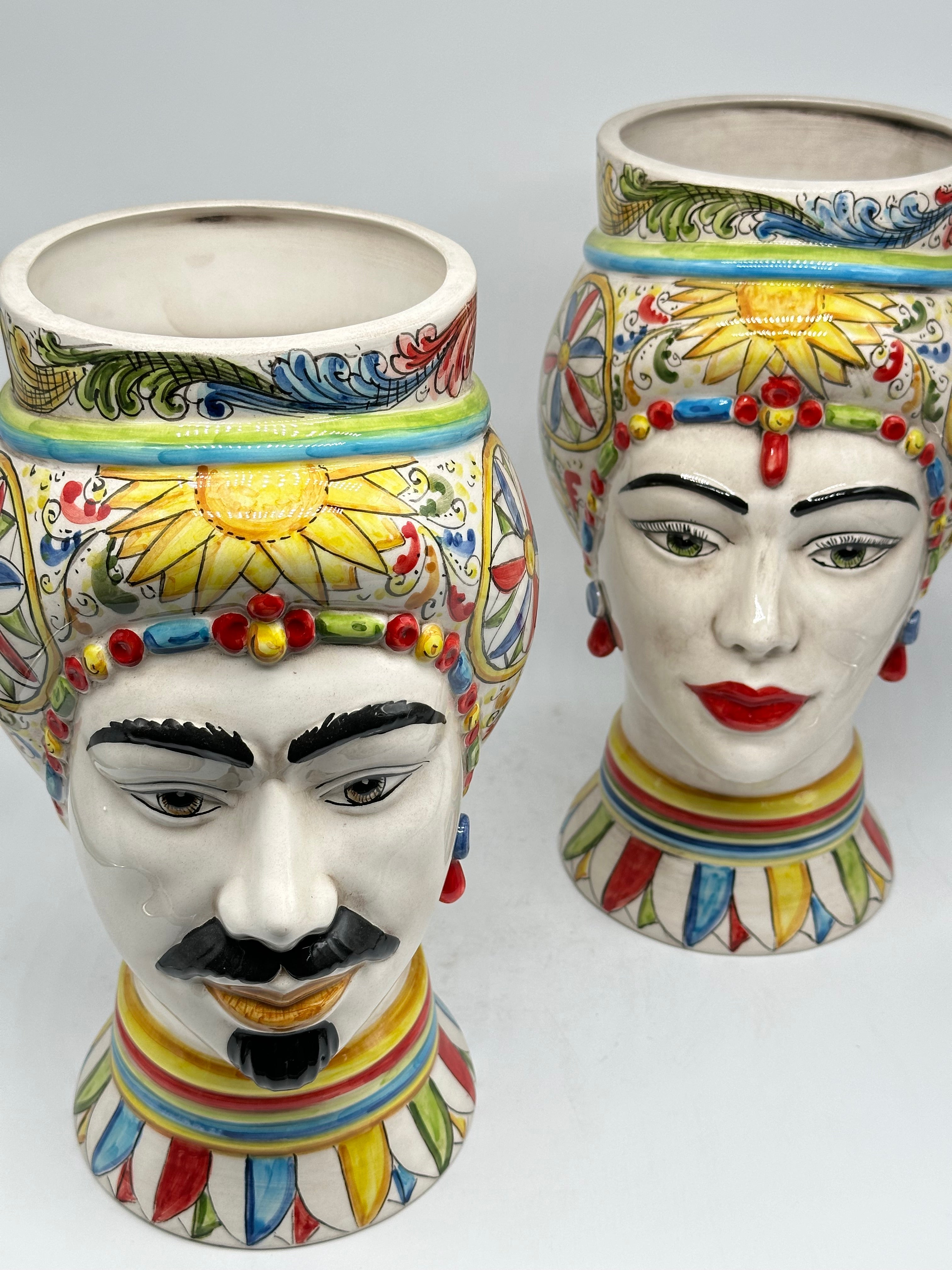 Teste di Moro Token Ceramica Caltagirone cm H.31 L.18 Artigianale Decoro Carretto V.2 - TESTA DI MORO