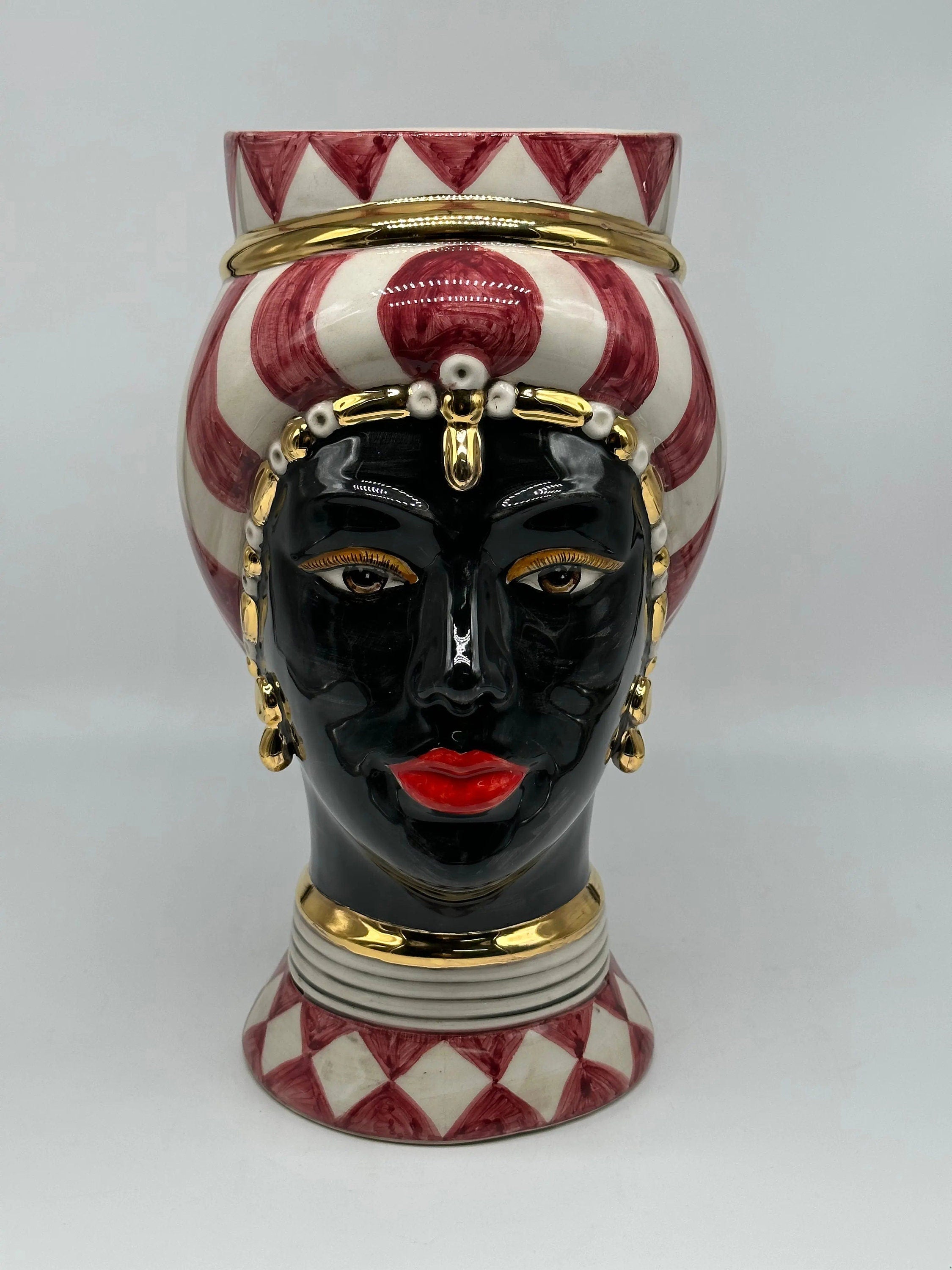 Teste di Moro Token Ceramica Caltagirone cm H.31 L.18 Artigianale Bianco Bordeaux Oro DD CERAMICHE SICILIANE