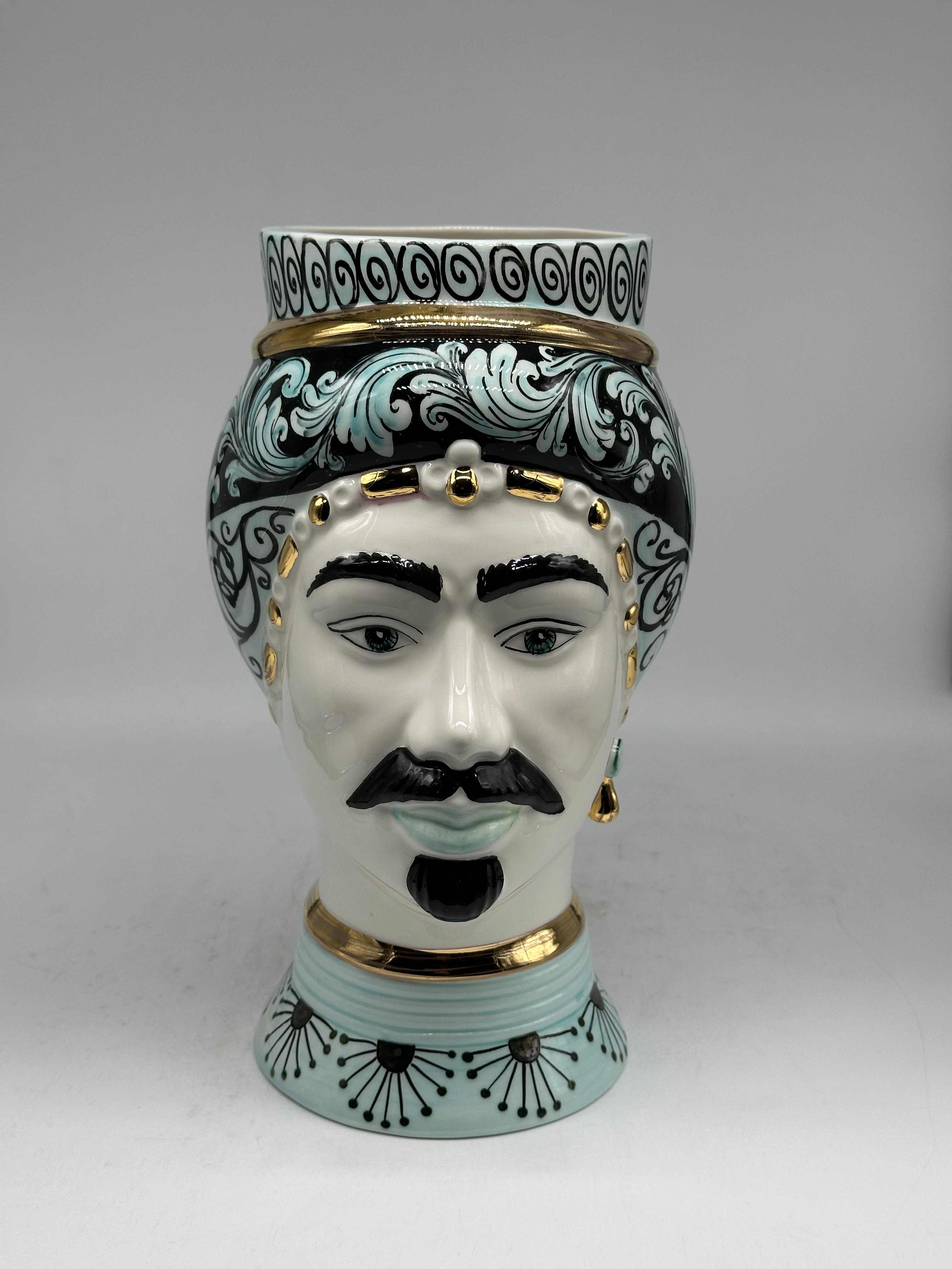 Teste di Moro Token Ceramica Caltagirone cm H.31 L.18 Artigianale Toni Verde Oro V.2 - Uomo