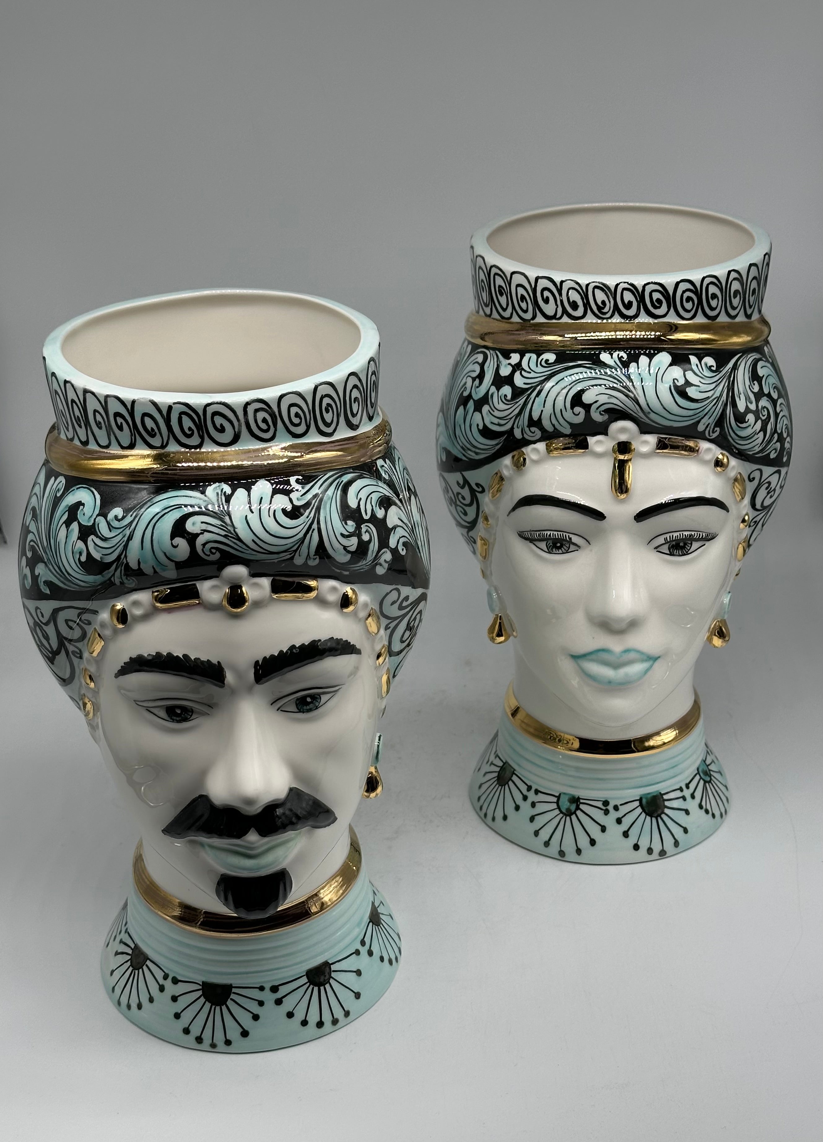 Teste di Moro Token Ceramica Caltagirone cm H.31 L.18 Artigianale Toni Verde Oro V.2