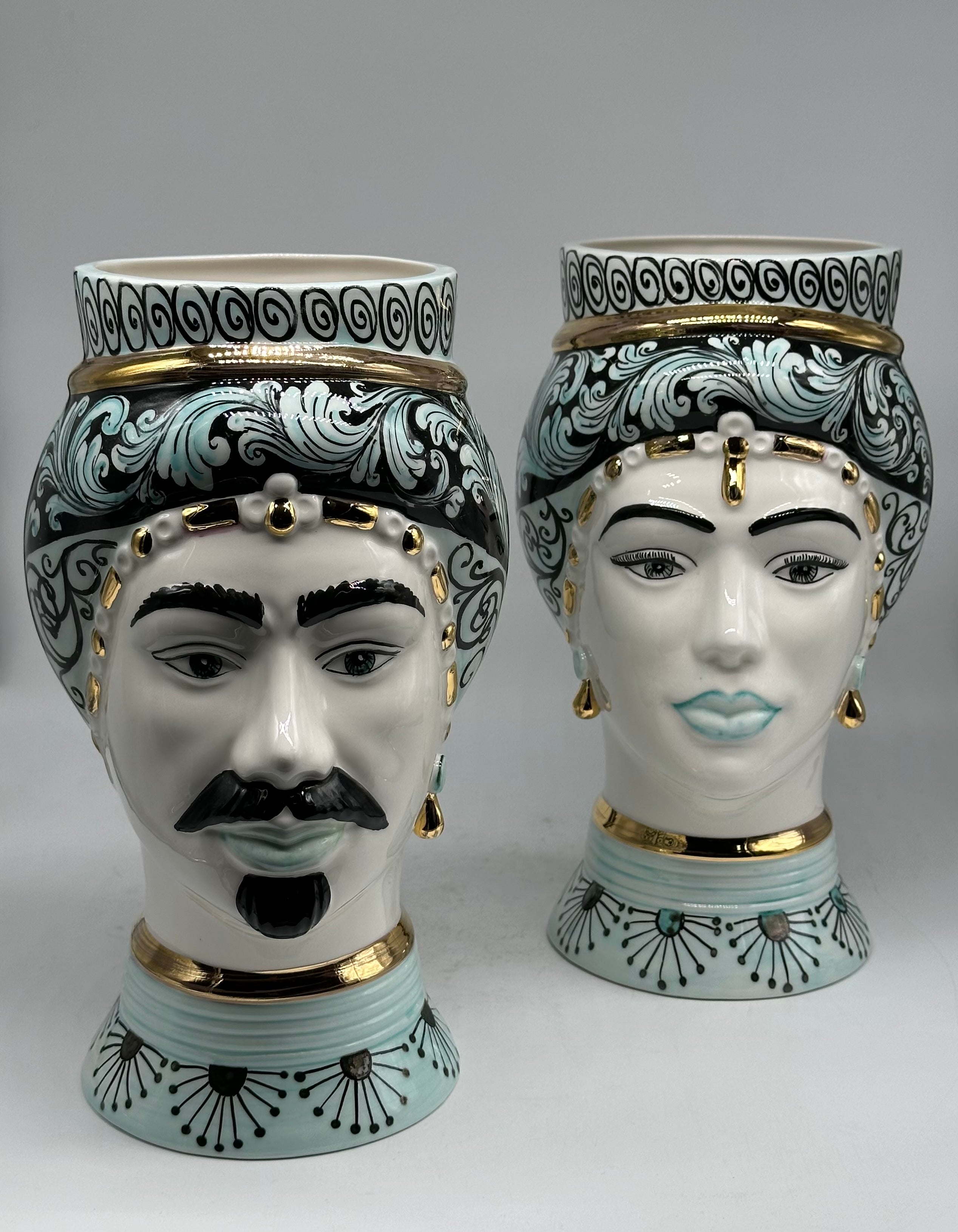 Teste di Moro Token Ceramica Caltagirone cm H.31 L.18 Artigianale Toni Verde Oro V.2