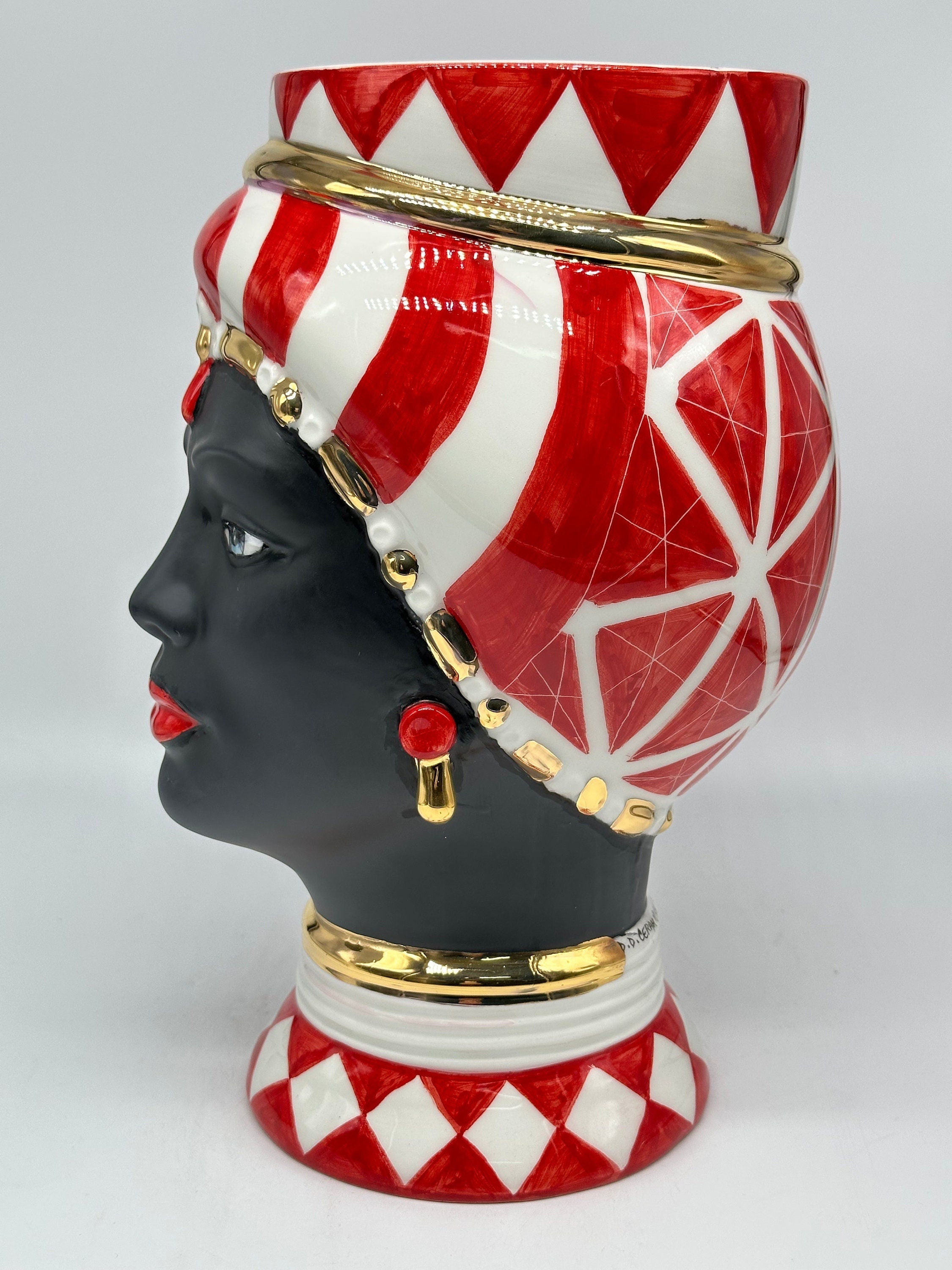 Teste di Moro Token Ceramica Caltagirone cm H.31 L.18 Artigianale Rosso Bianco Oro DD CERAMICHE SICILIANE