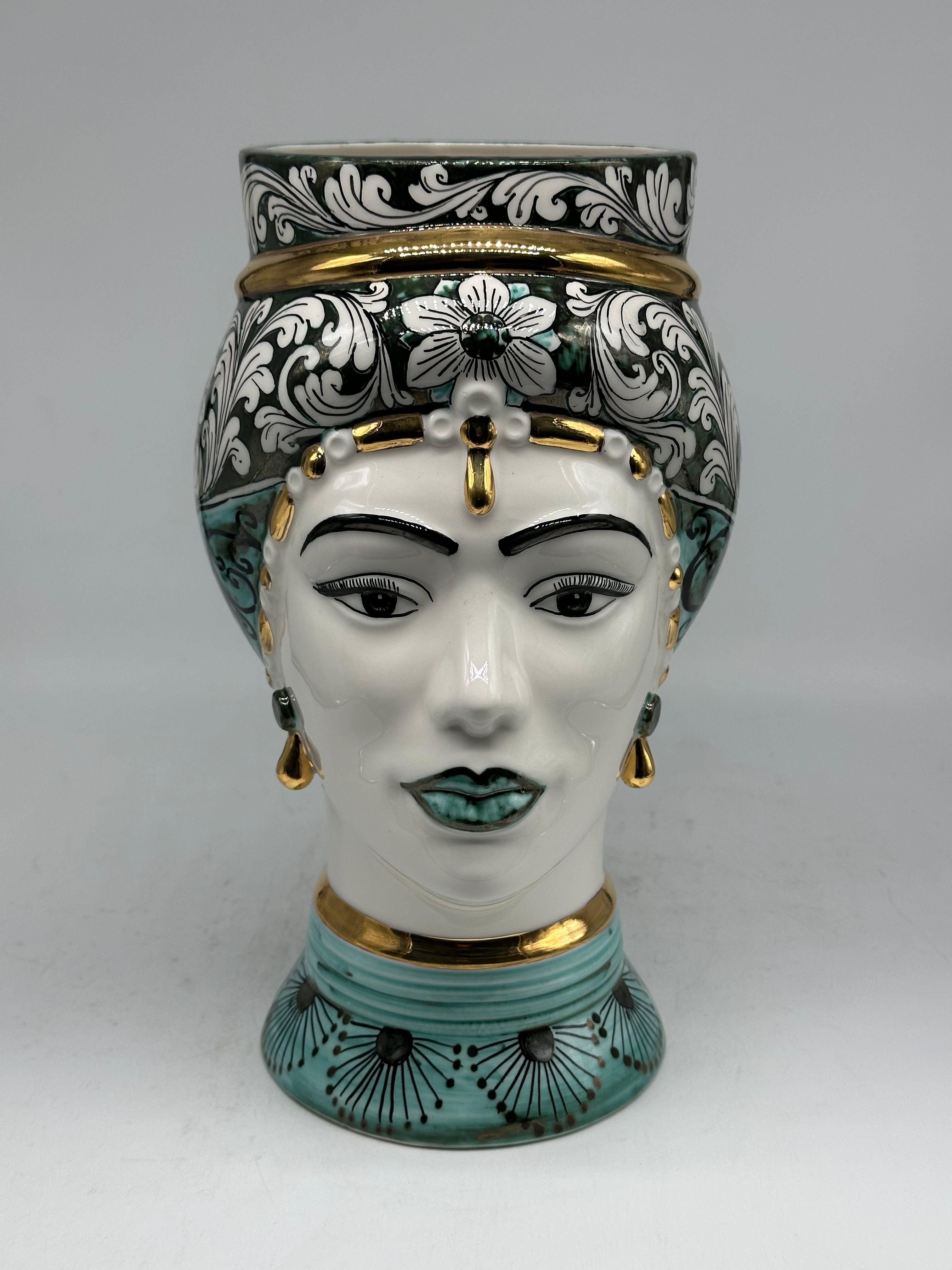 Teste di Moro Token Ceramica Caltagirone cm H.31 L.18 Artigianale Toni Verde Oro - Donna