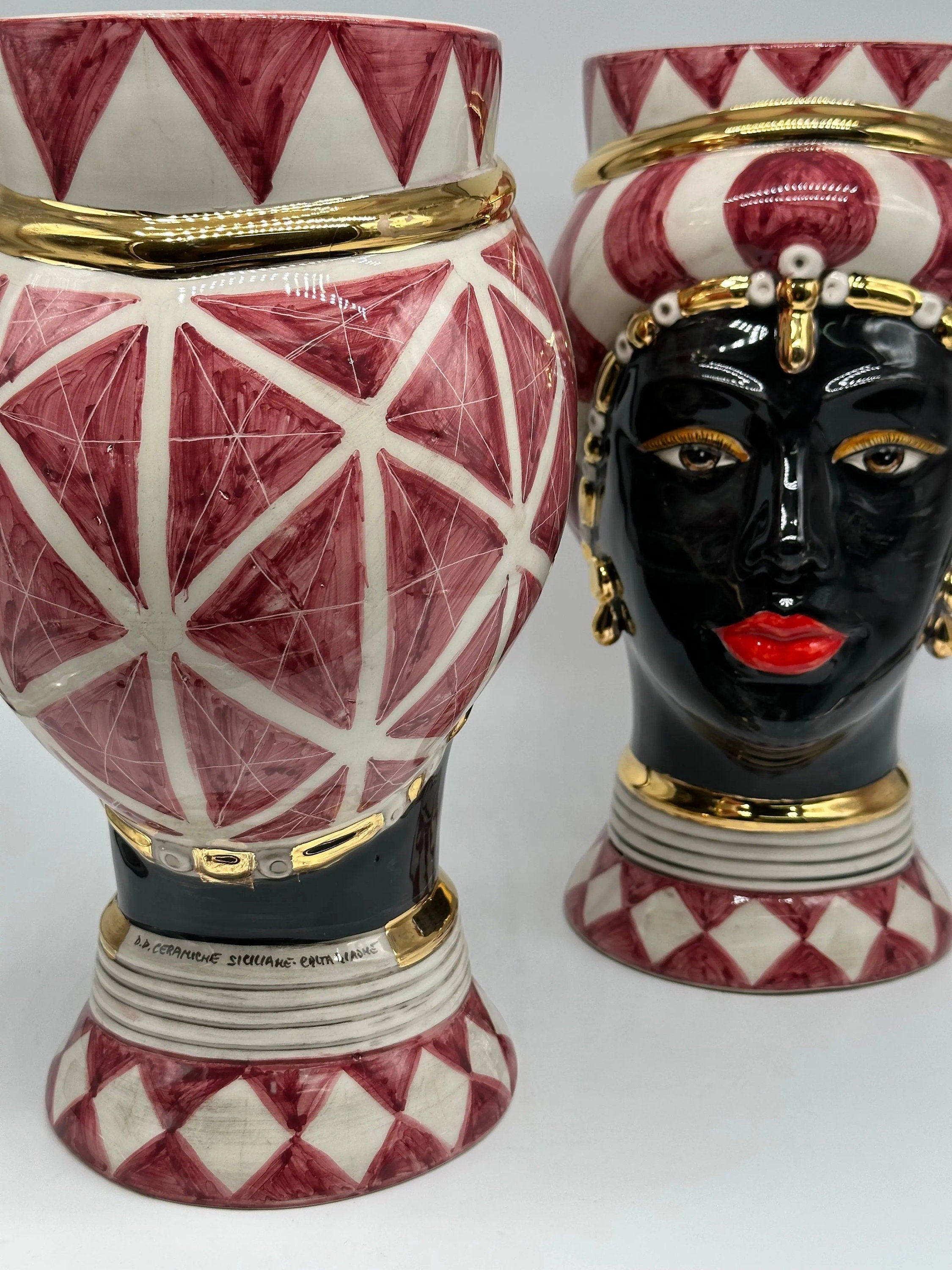 Teste di Moro Token Ceramica Caltagirone cm H.31 L.18 Artigianale Bianco Bordeaux Oro DD CERAMICHE SICILIANE