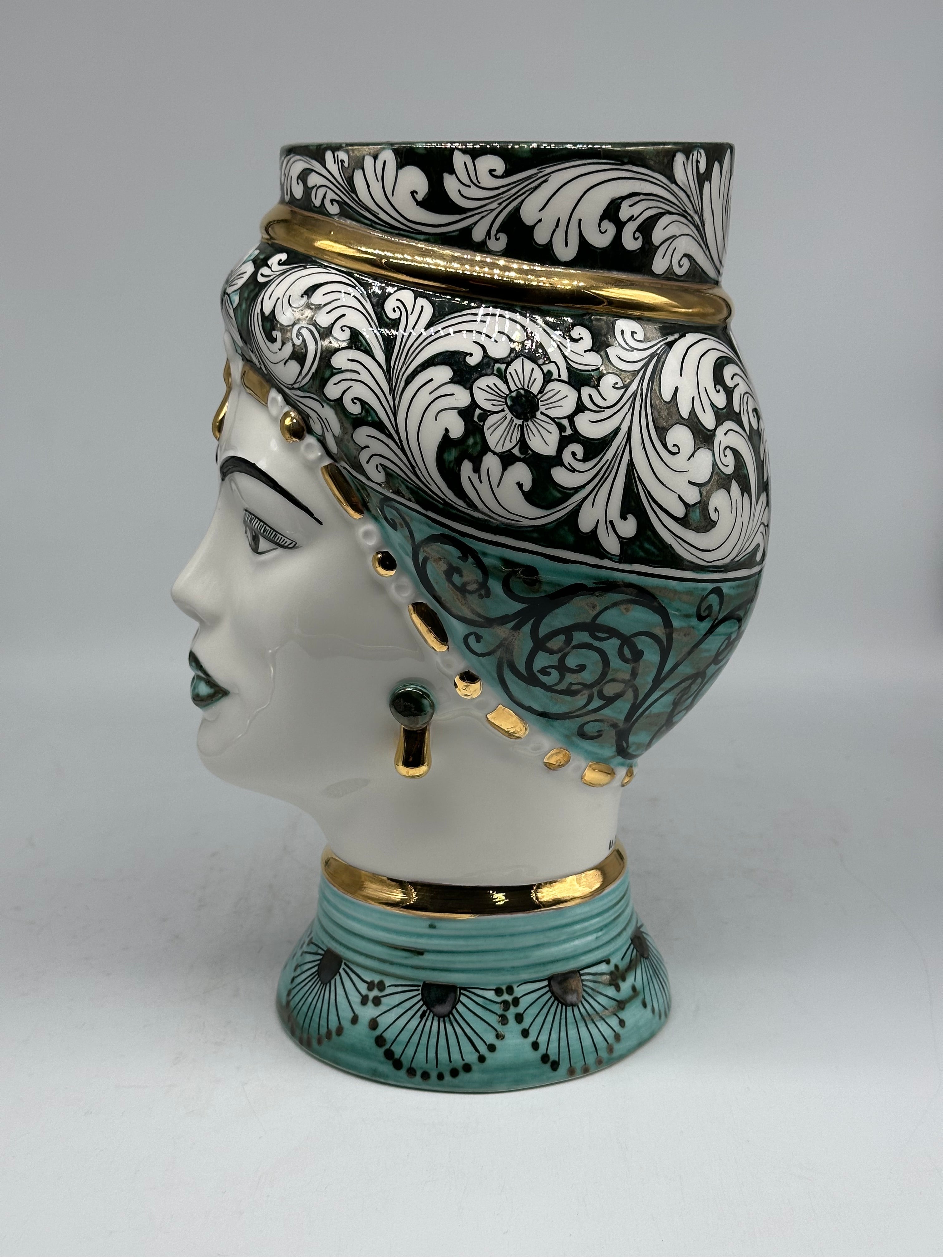 Teste di Moro Token Ceramica Caltagirone cm H.31 L.18 Artigianale Toni Verde Oro