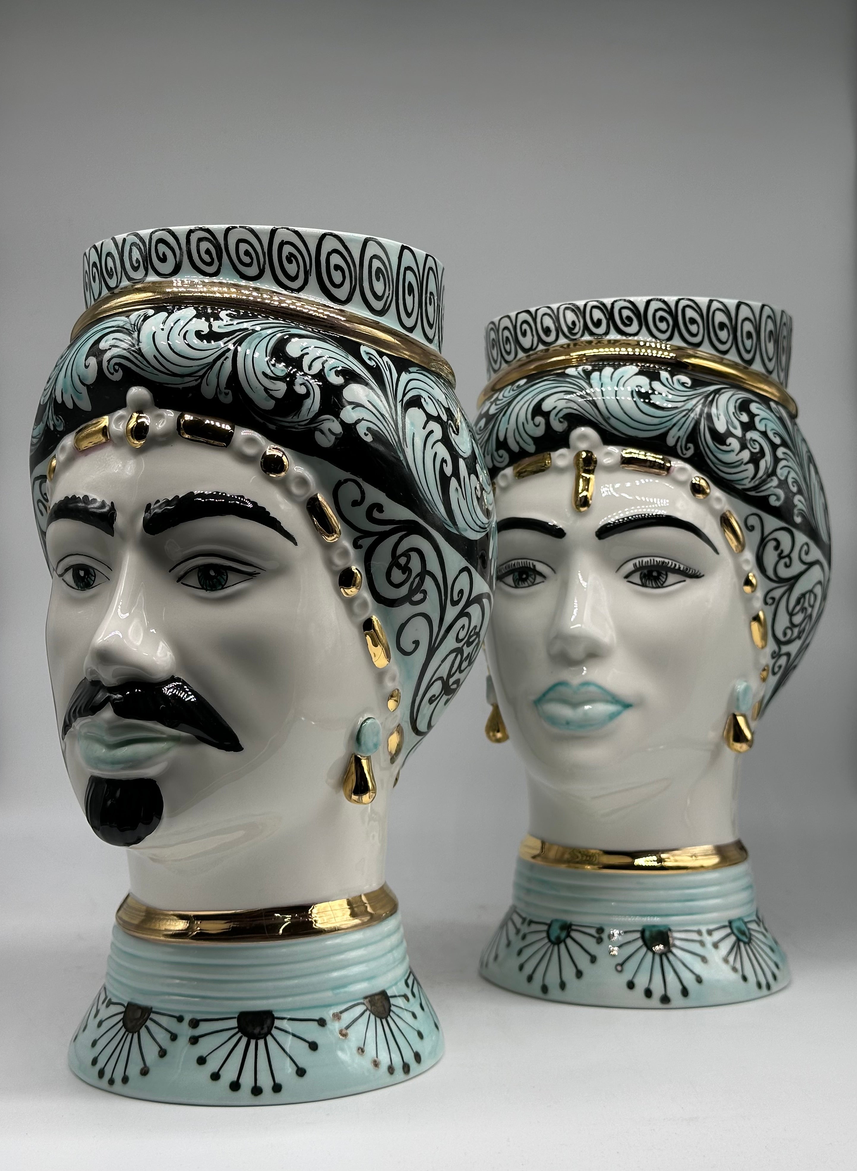 Teste di Moro Token Ceramica Caltagirone cm H.31 L.18 Artigianale Toni Verde Oro V.2