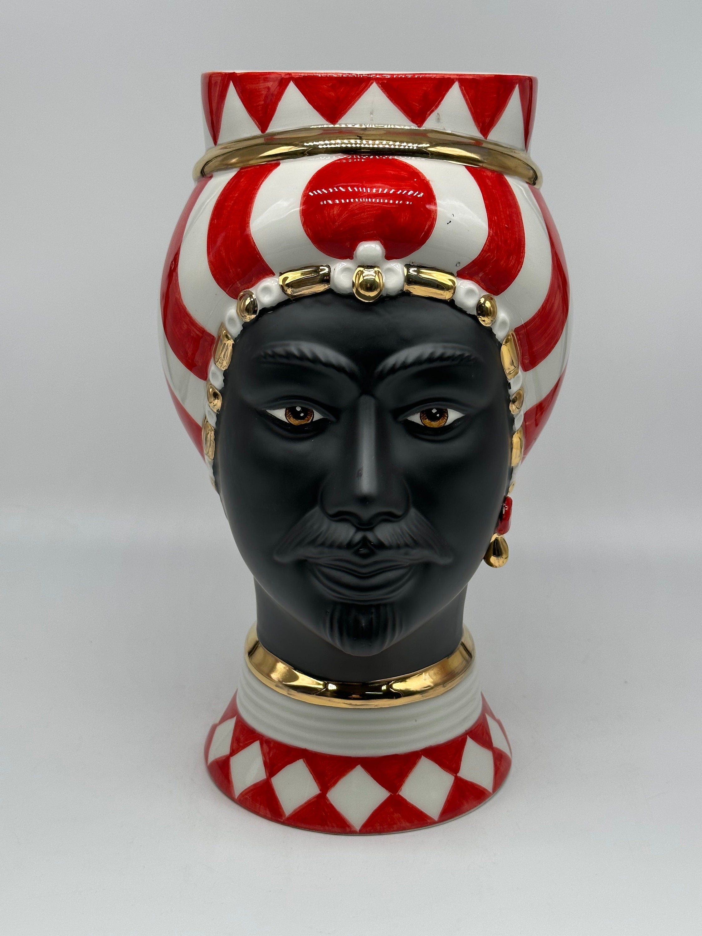 Teste di Moro Token Ceramica Caltagirone cm H.31 L.18 Artigianale Rosso Bianco Oro DD CERAMICHE SICILIANE