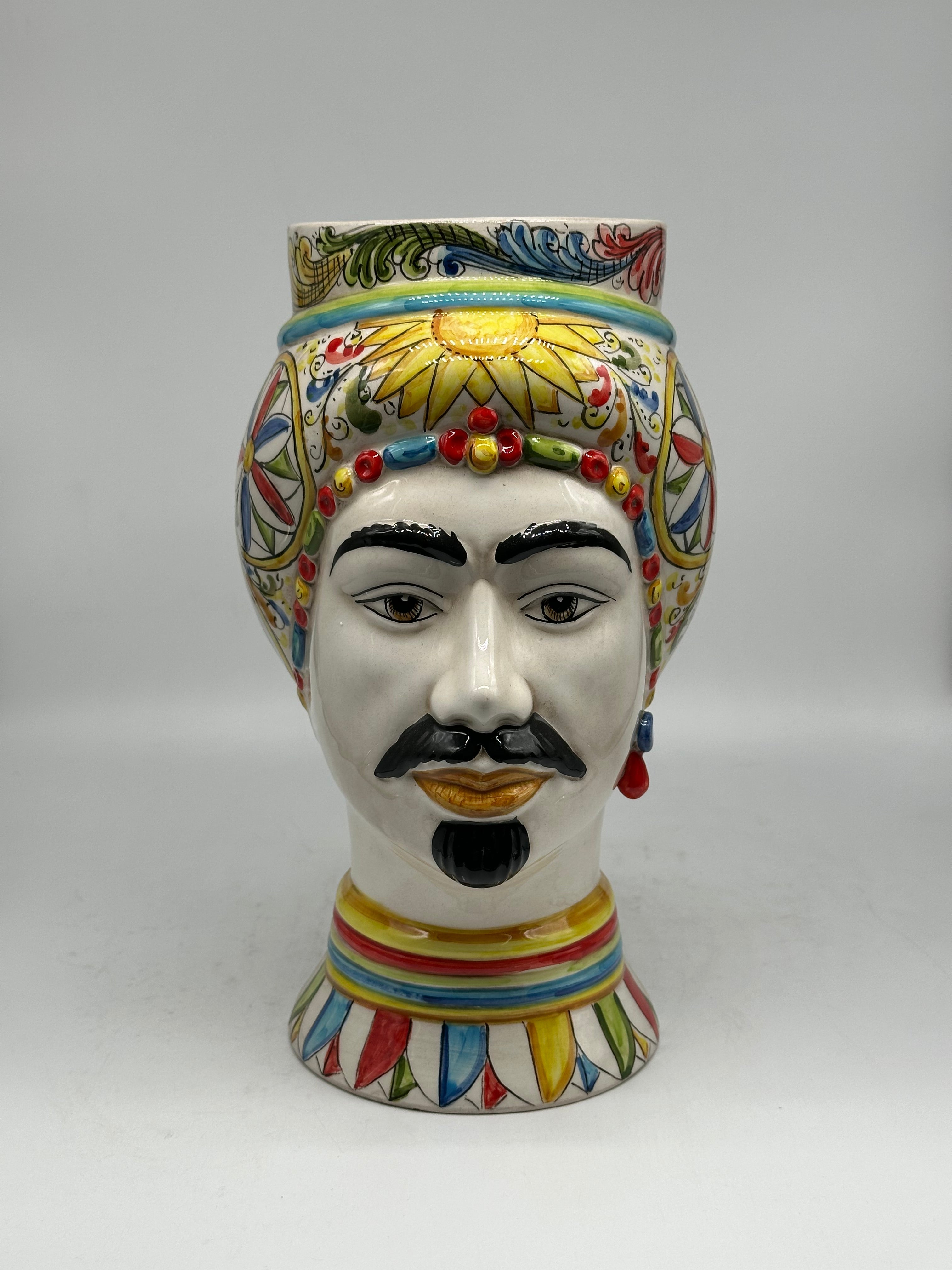 Teste di Moro Token Ceramica Caltagirone cm H.31 L.18 Artigianale Decoro Carretto V.2 - Uomo - TESTA DI MORO