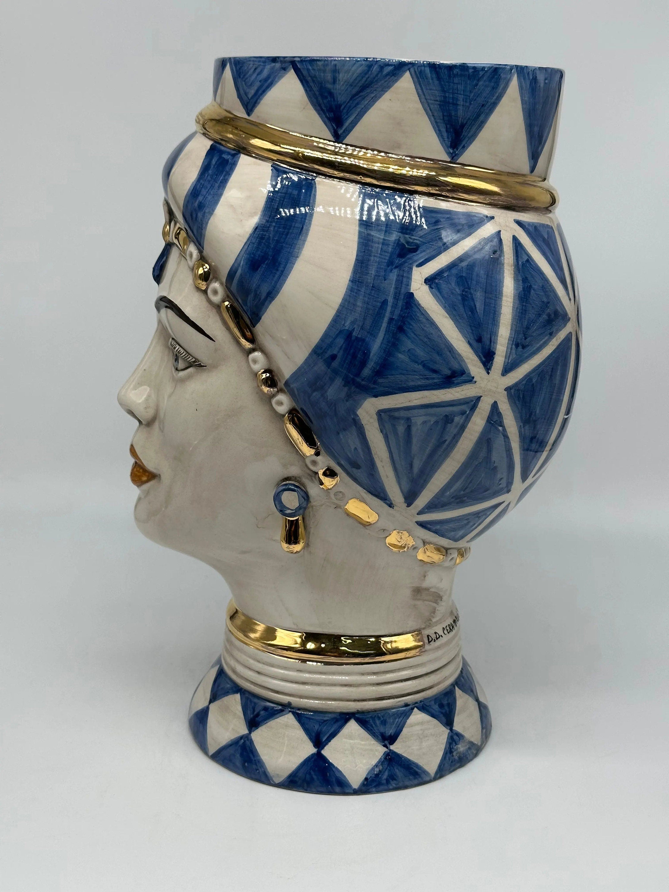 Teste di Moro Token Ceramica Caltagirone cm H.31 L.18 Artigianale Blu Bianco Oro DD CERAMICHE SICILIANE