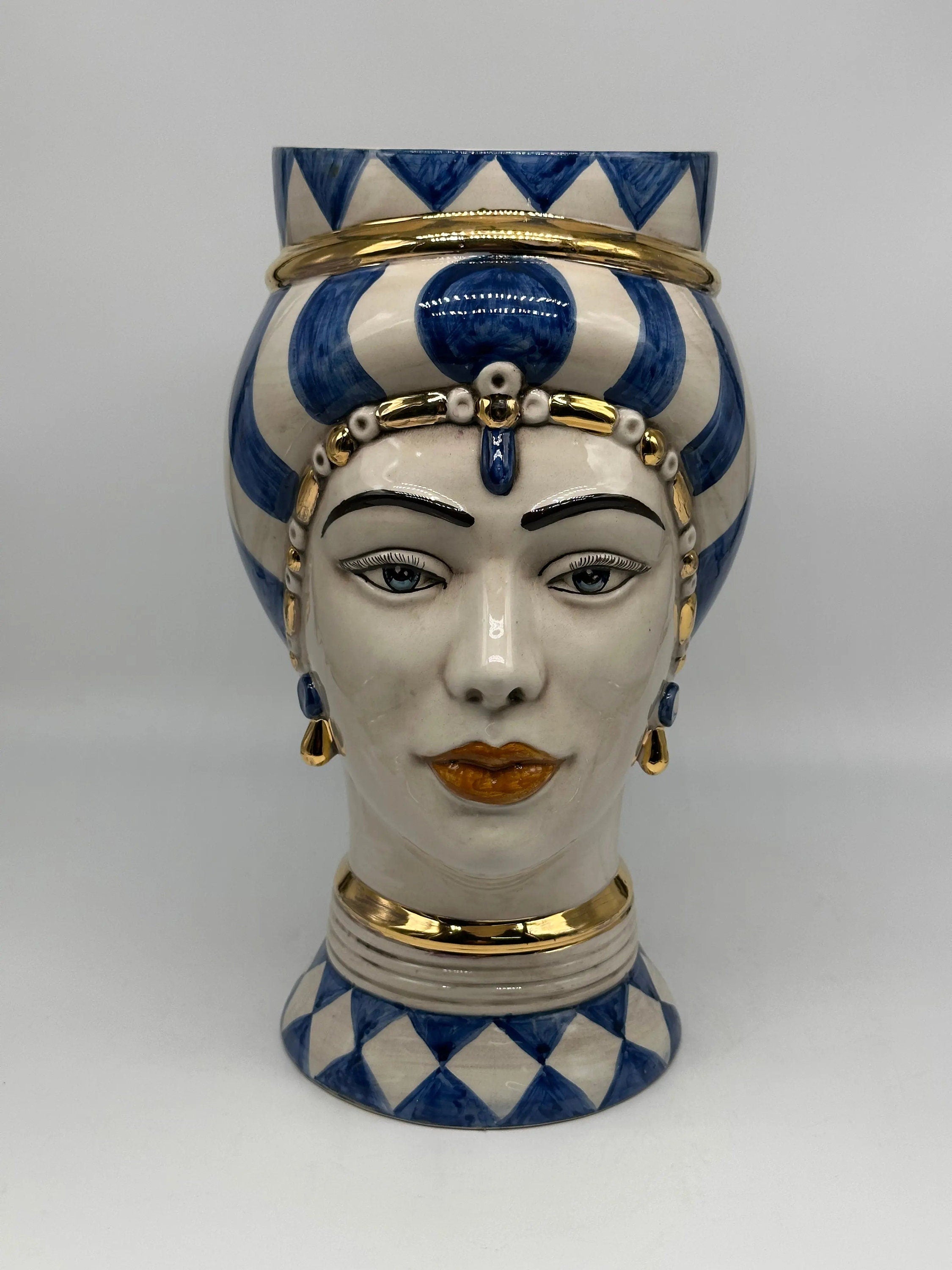 Teste di Moro Token Ceramica Caltagirone cm H.31 L.18 Artigianale Blu Bianco Oro DD CERAMICHE SICILIANE