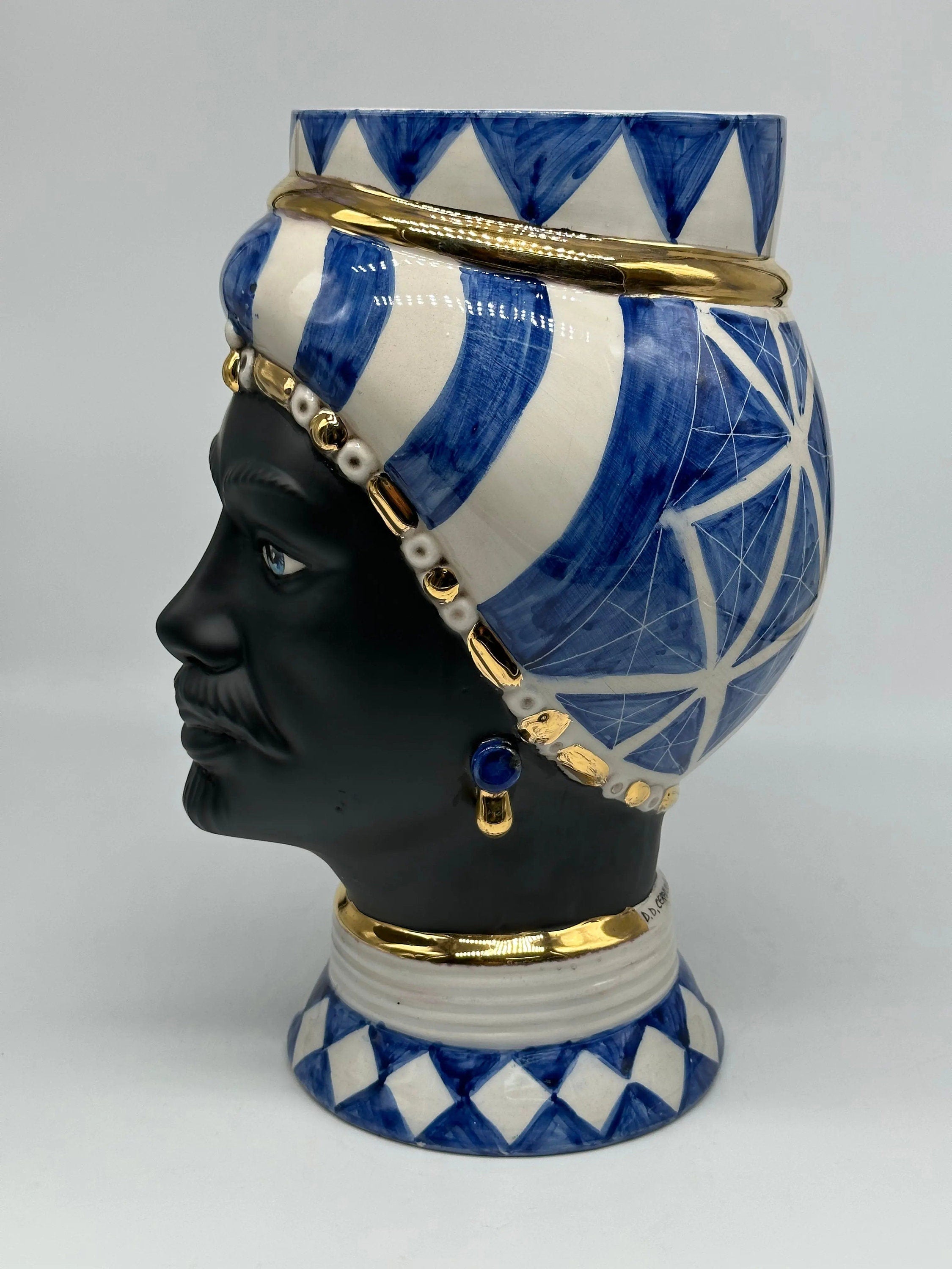 Teste di Moro Token Ceramica Caltagirone cm H.31 L.18 Artigianale Blu Bianco Oro DD CERAMICHE SICILIANE