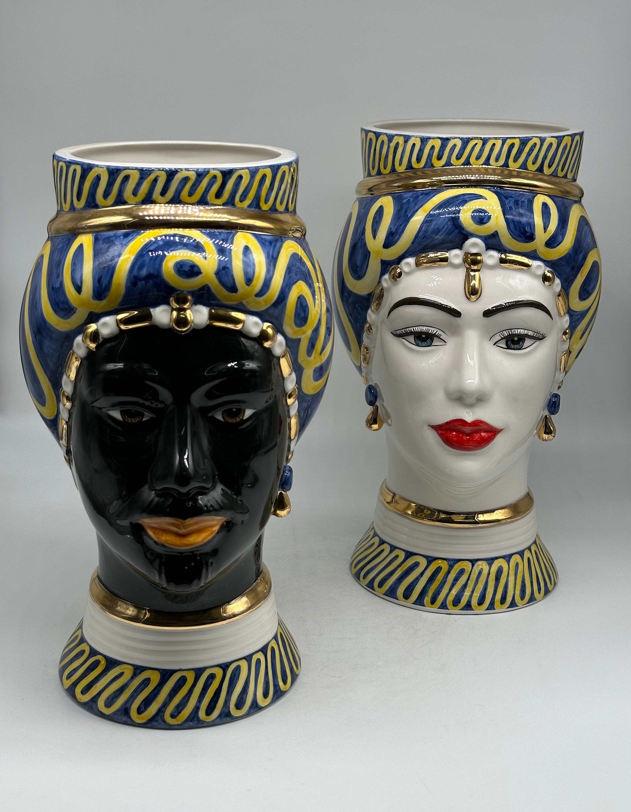 Teste di Moro Token Ceramica Caltagirone cm H.31 L.18 Artigianale Blu Giallo - TESTE DI MORO