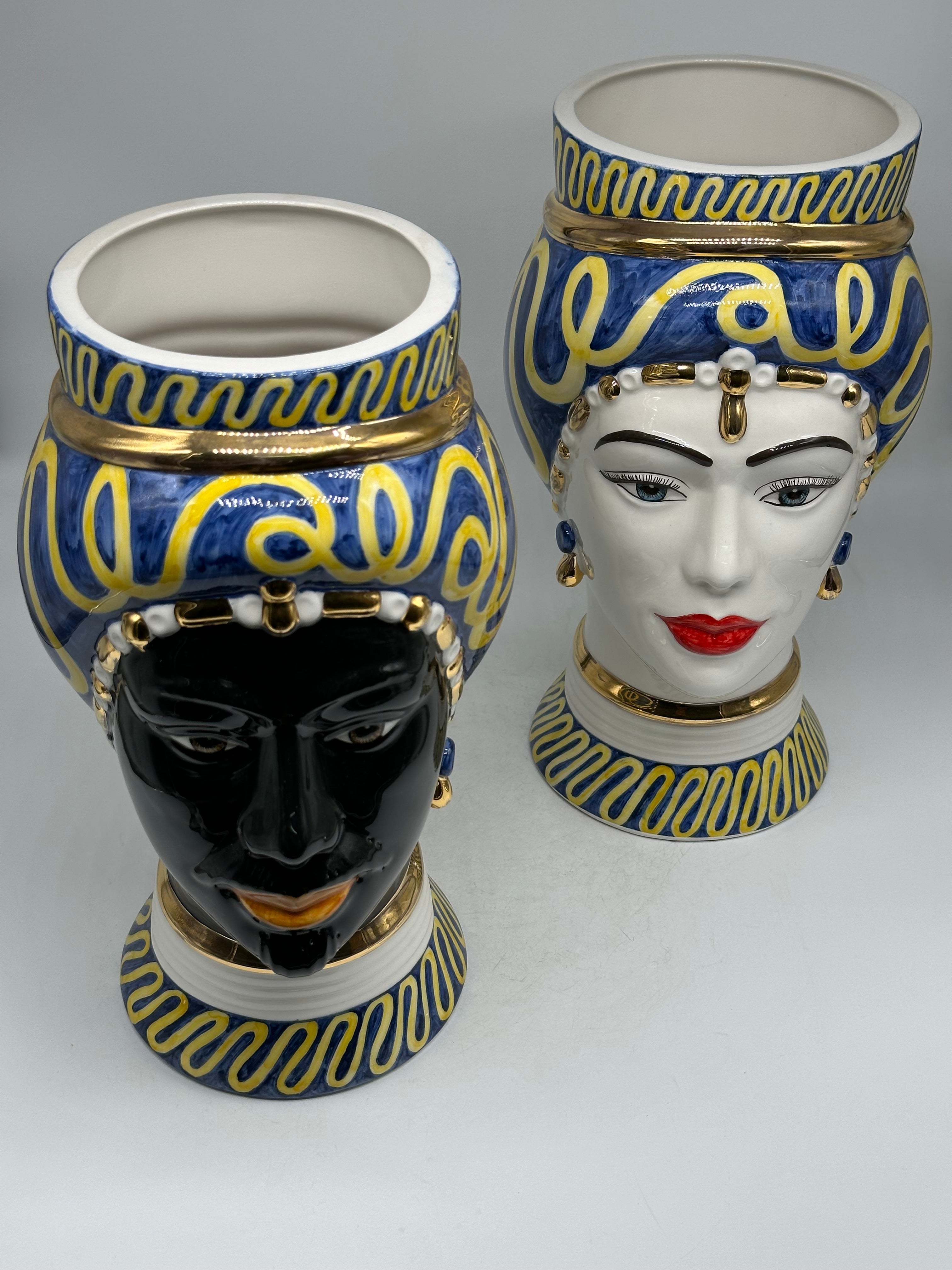 Teste di Moro Token Ceramica Caltagirone cm H.31 L.18 Artigianale Blu Giallo - TESTE DI MORO