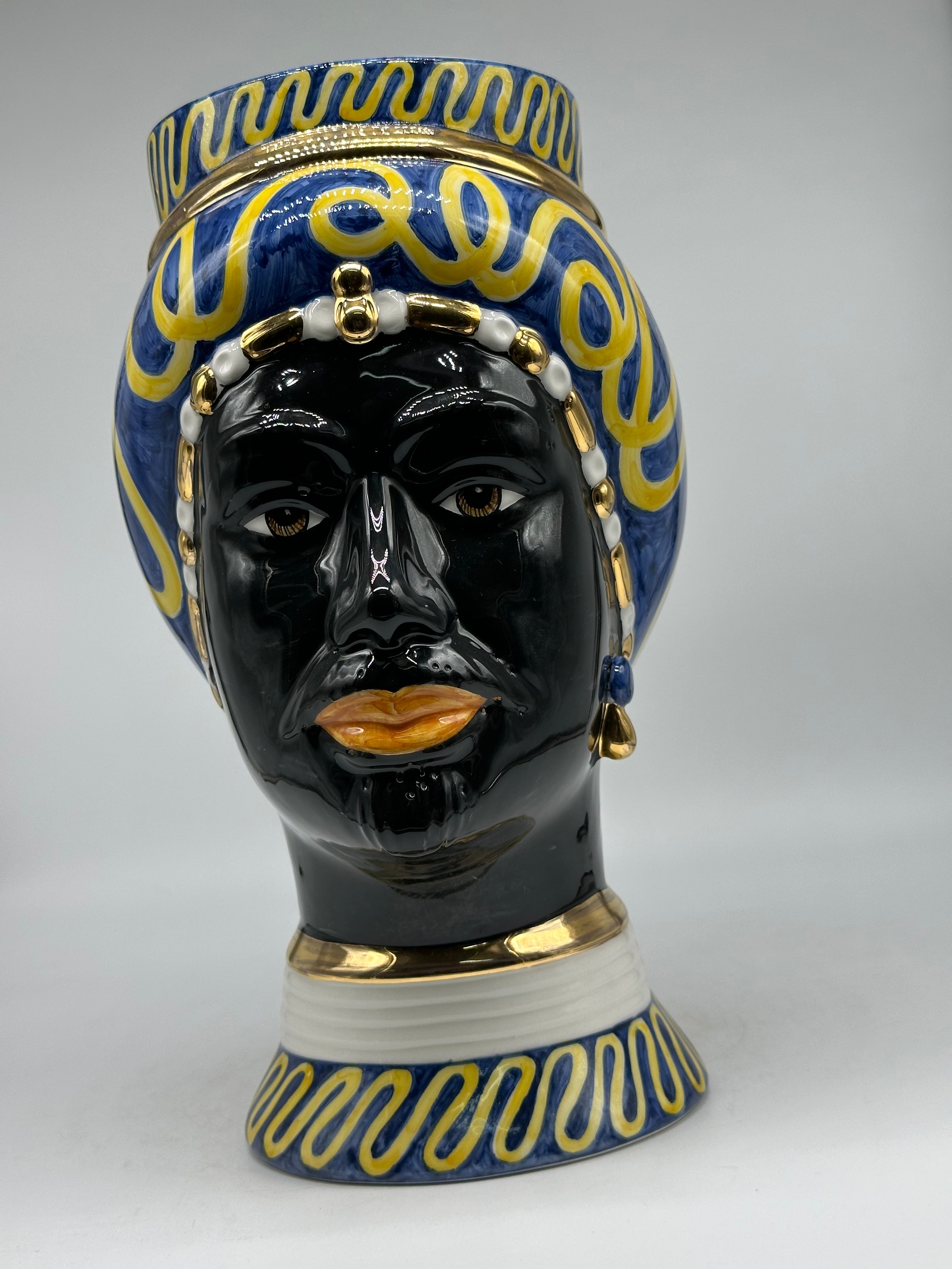Teste di Moro Token Ceramica Caltagirone cm H.31 L.18 Artigianale Blu Giallo - TESTE DI MORO